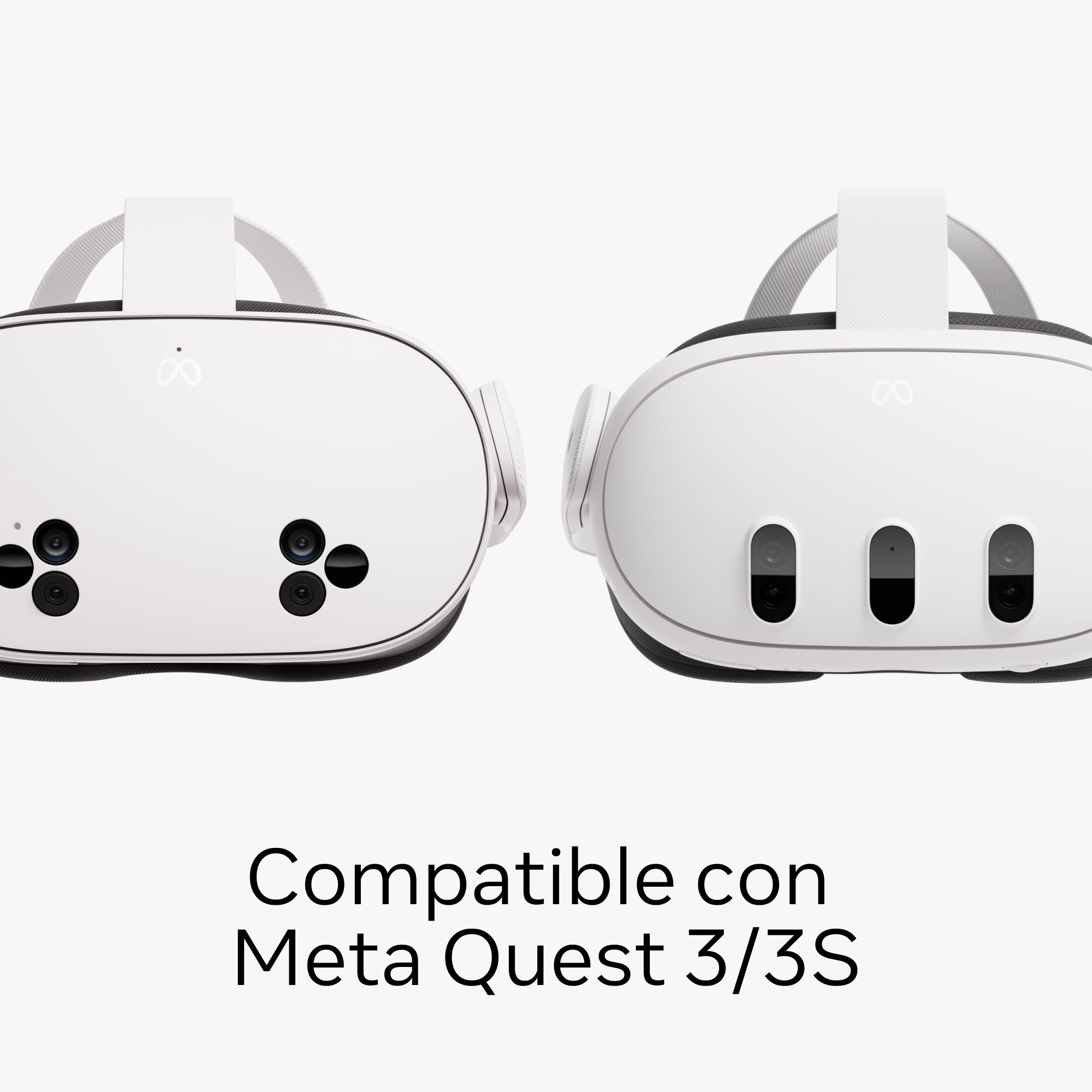 Dos auriculares de realidad virtual blancos, vista trasera, conectados y compatibles con Meta Quest.
