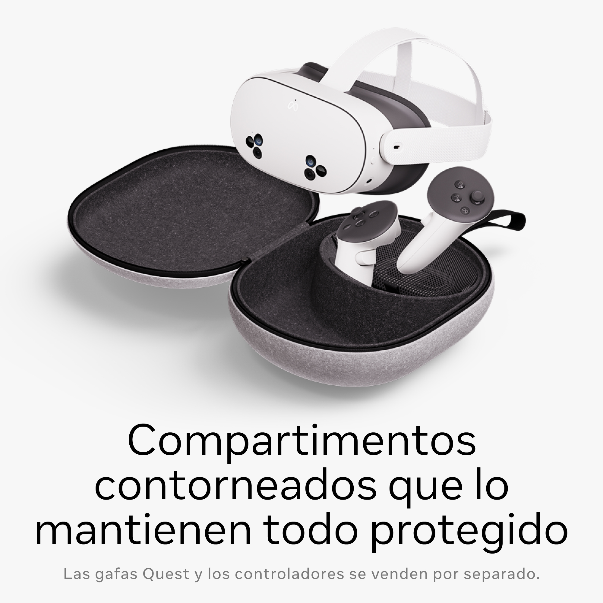 Gafas VR y mandos en un estuche, con texto debajo.