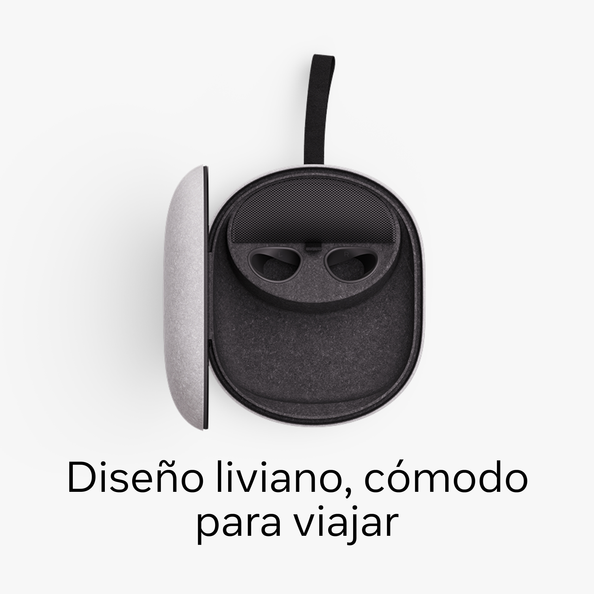 Una funda de auriculares VR abierta con unos auriculares dentro. El texto dice: 'Diseño ligero, cómodo para viajar'.