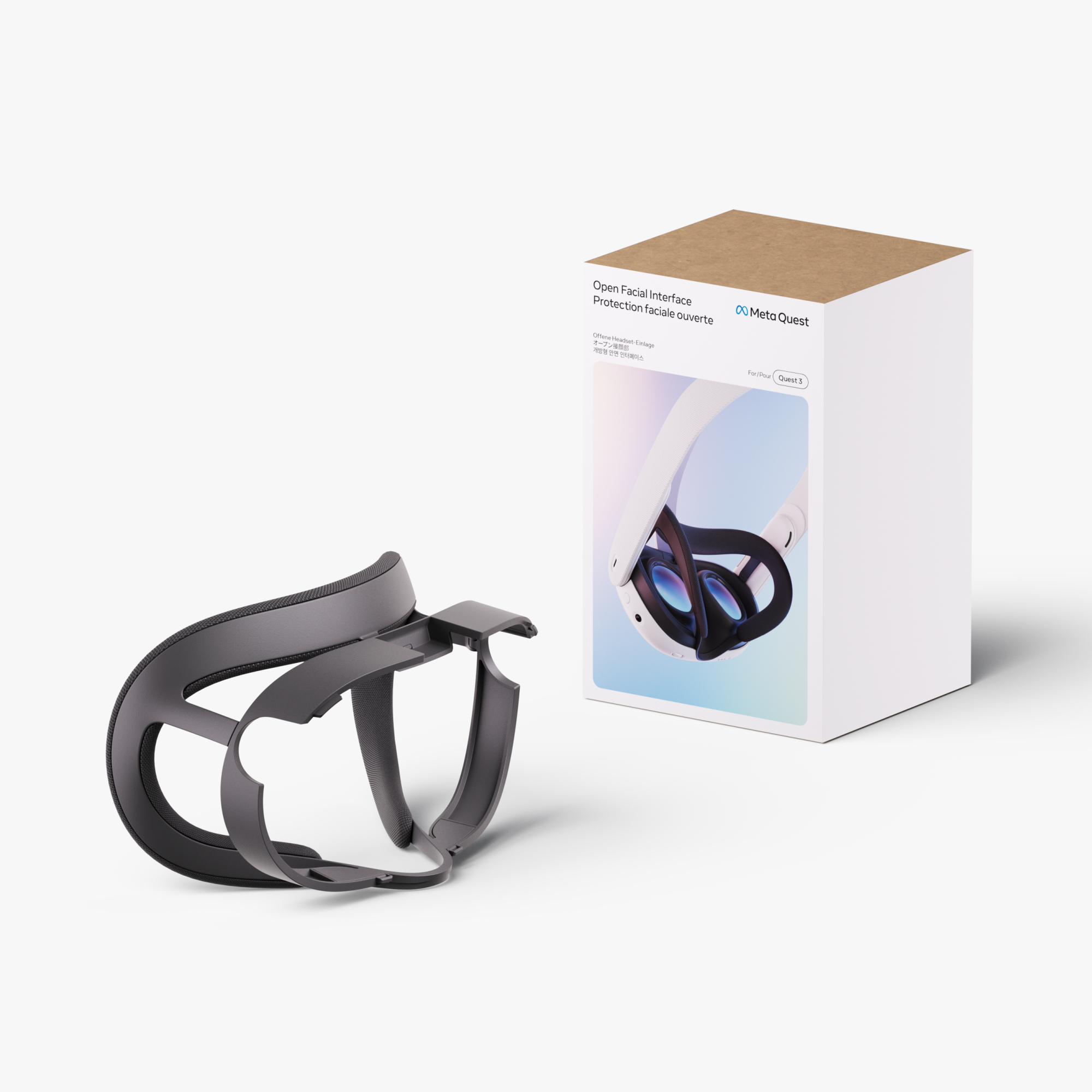 Un casco de realidad virtual Meta Quest y una caja con texto e imagen del casco.