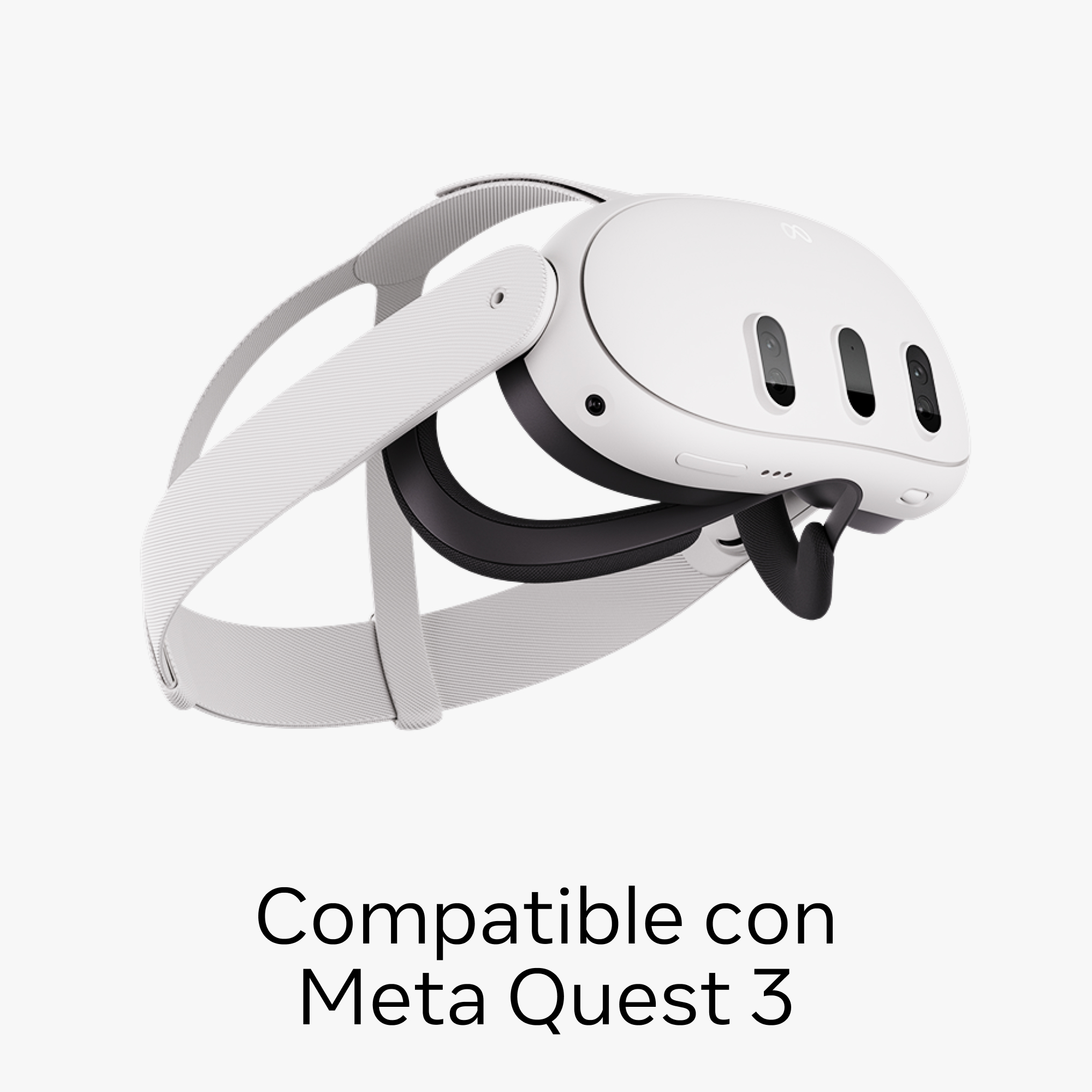 Un casco de realidad virtual blanco con el texto: Compatible con Meta Quest 3.