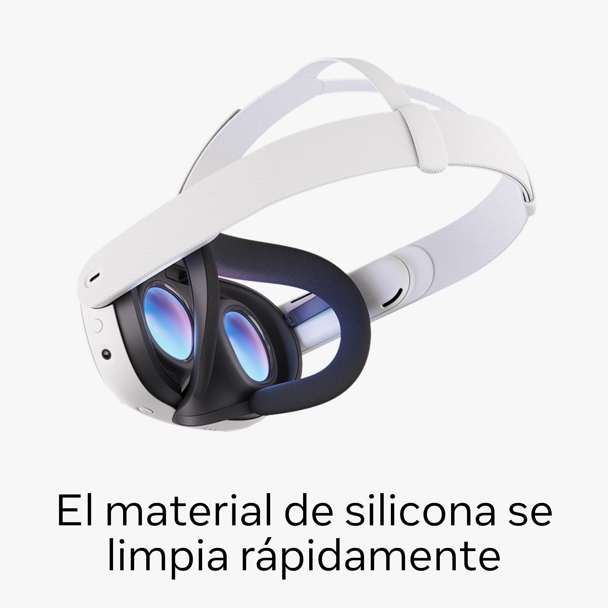 Auriculares VR blancos con cubierta facial y correa negras, sobre fondo blanco.