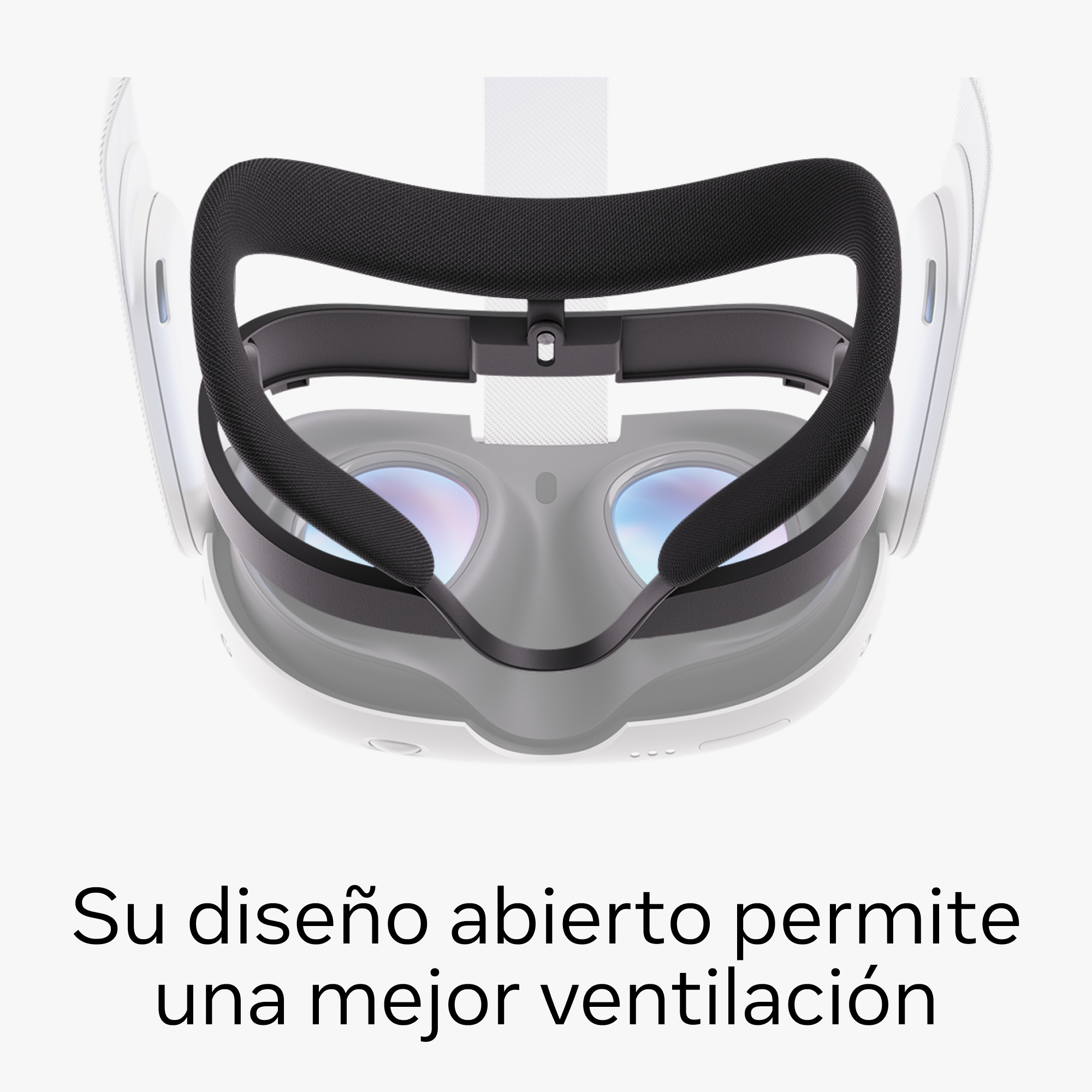 Gafas de VR, primer plano. Texto: 'Su diseño abierto permite una mejor ventilación'.