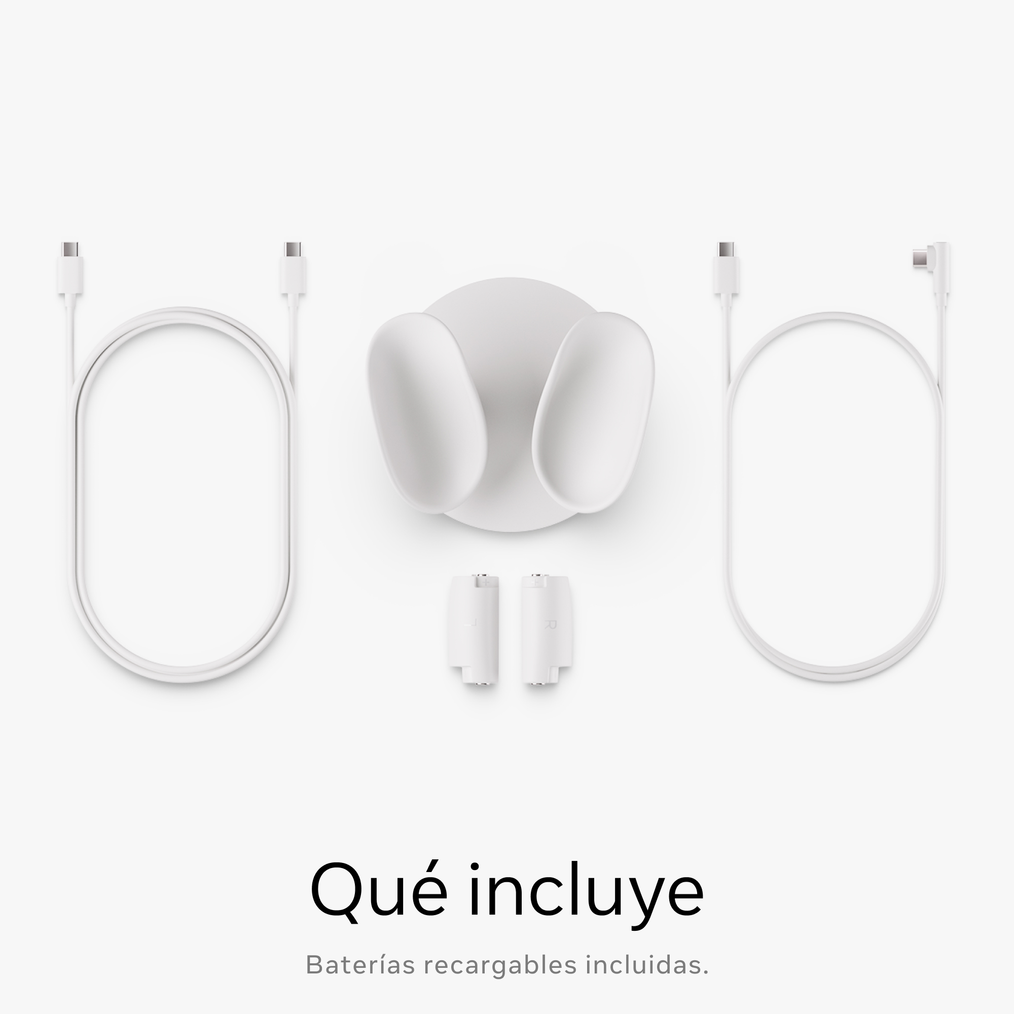 Un soporte de carga blanco con cables y dos baterías blancas, contra un fondo blanco. El texto dice: ¿Qué incluye?