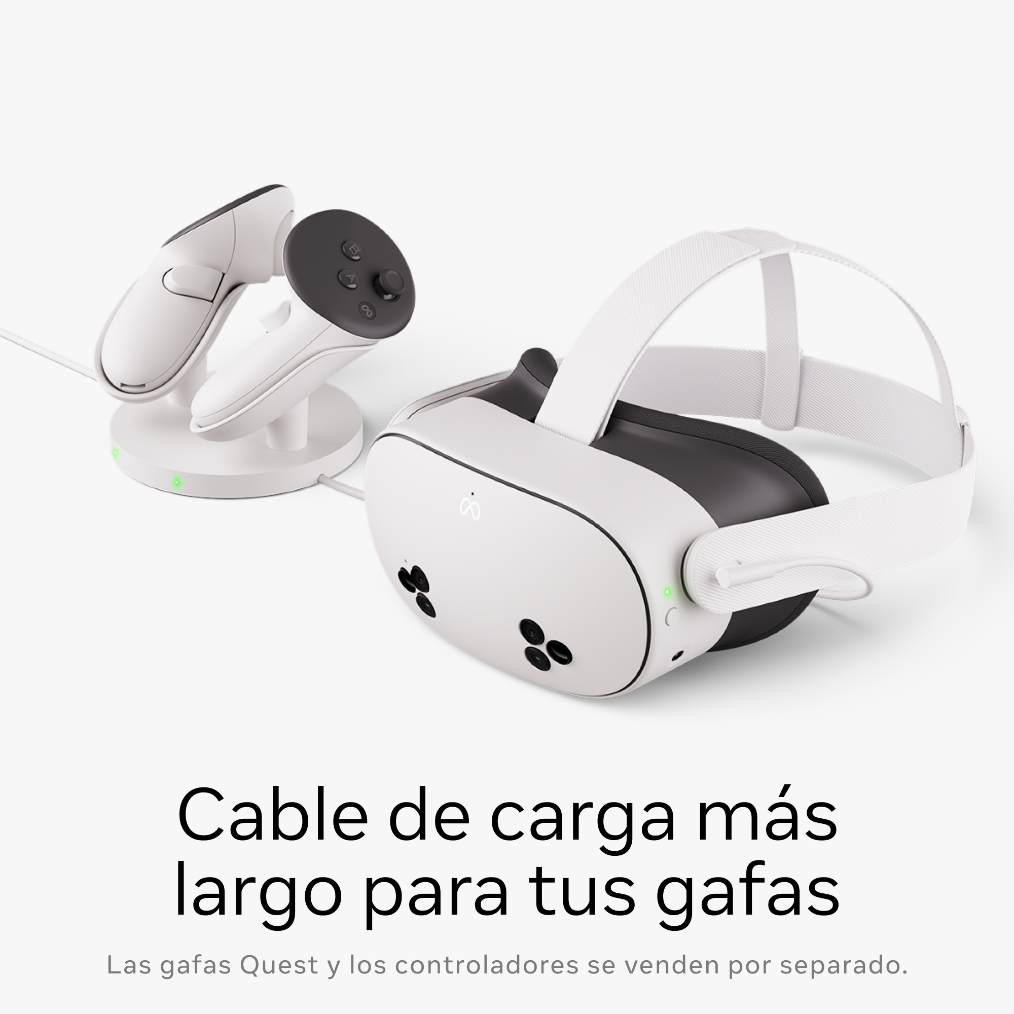 Un casco de VR y mandos, con texto en español: 'Cable de carga más largo para tus gafas'.