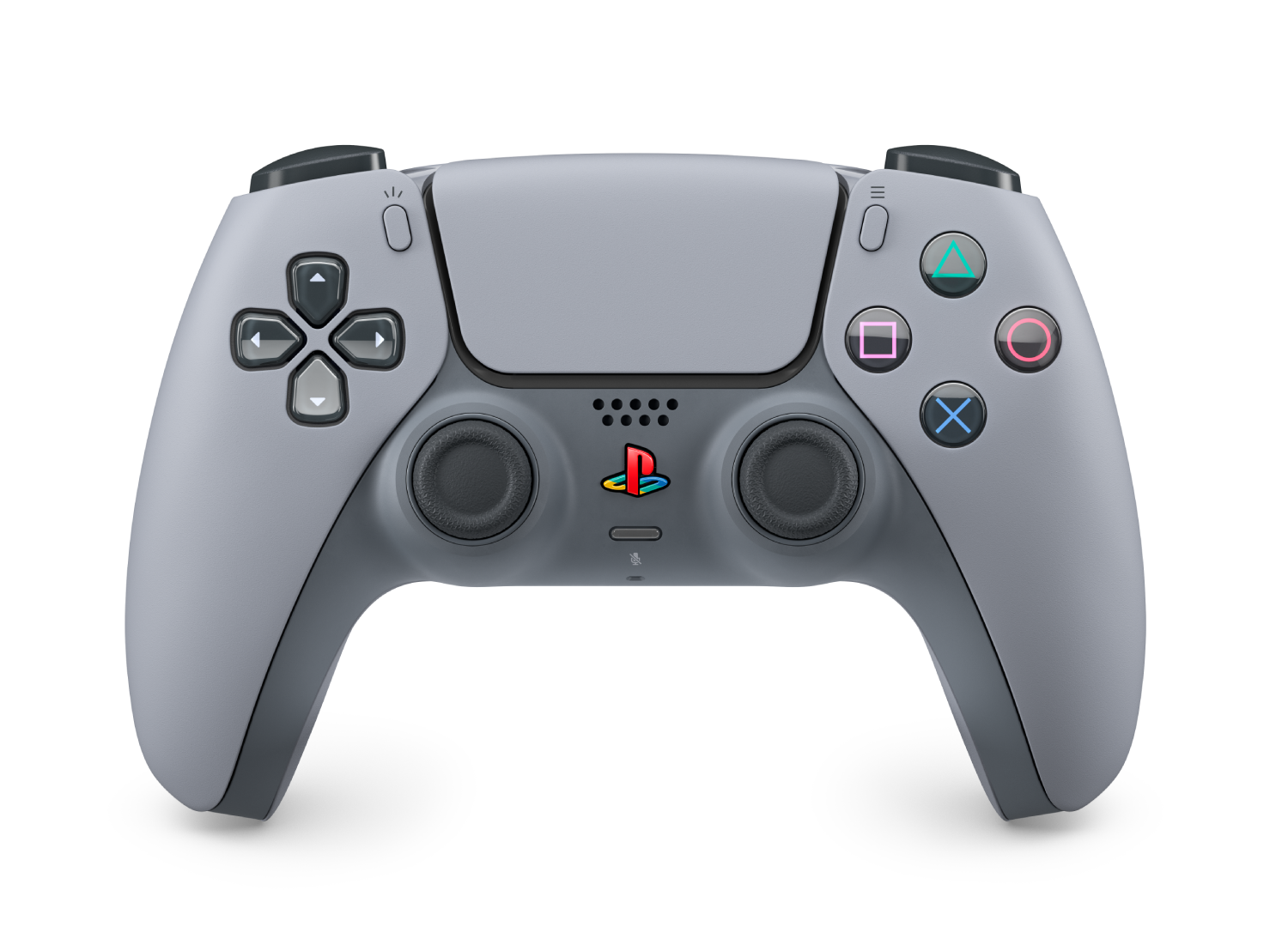 Mando gris de PlayStation 5 con botones de colores, logo de Playstation. Negro.