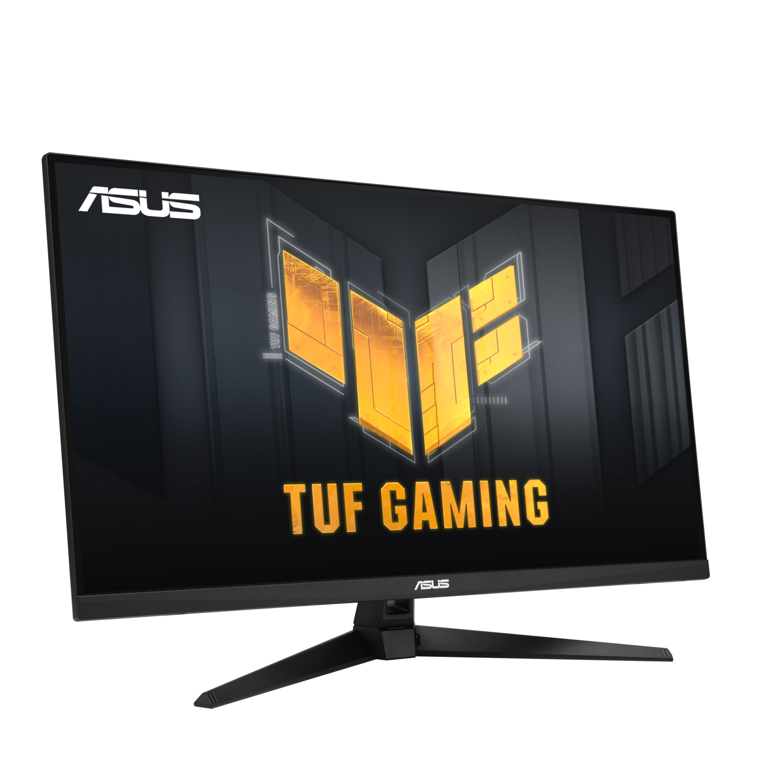 Black ASUS TUF gaming monitor displaying a yellow and black logo, black background.
