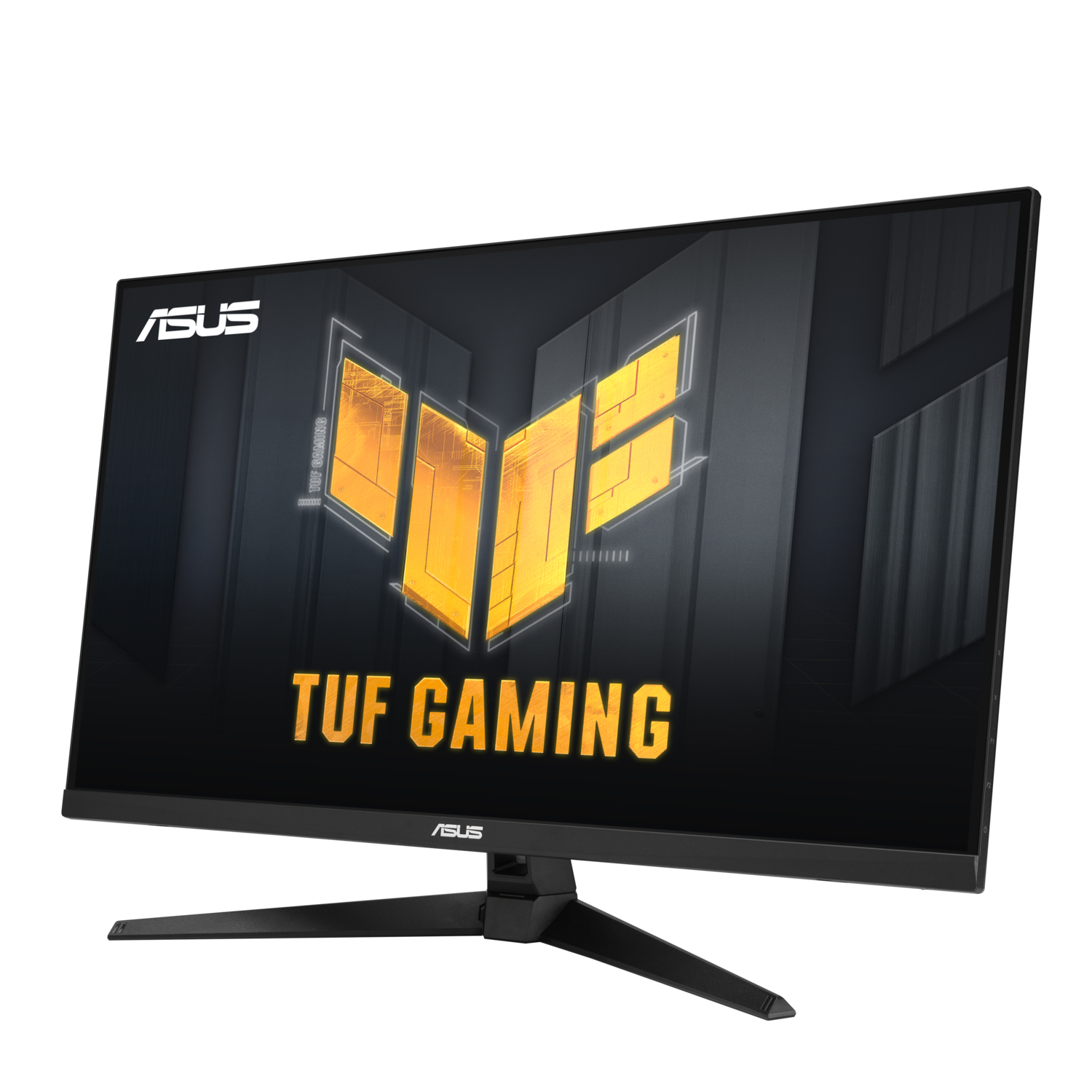 Black ASUS TUF gaming monitor with the TUF logo on a dark background. The monitor has a stand.
