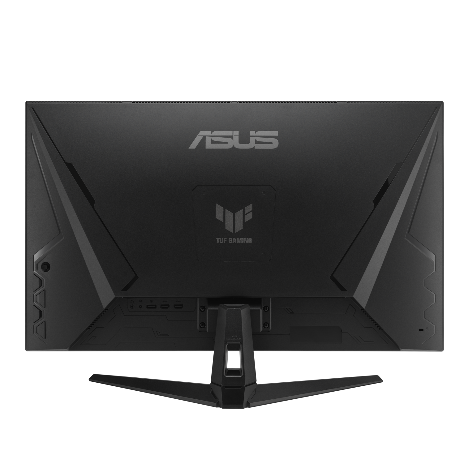 Black monitor, rear view, with ASUS and TUF GAMING logos.