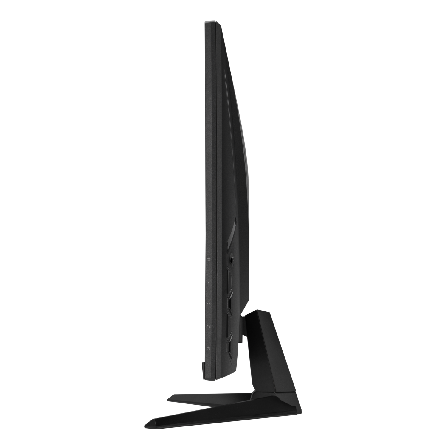 Side view of a black computer monitor, black background.