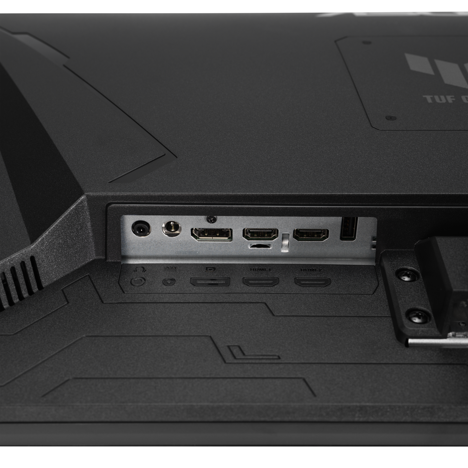 Back panel of a black computer monitor, showing ports for various connections.
