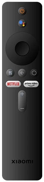 Czarny pilot z kilkoma przyciskami, w tym Netflix, Prime Video i Asystent Google.