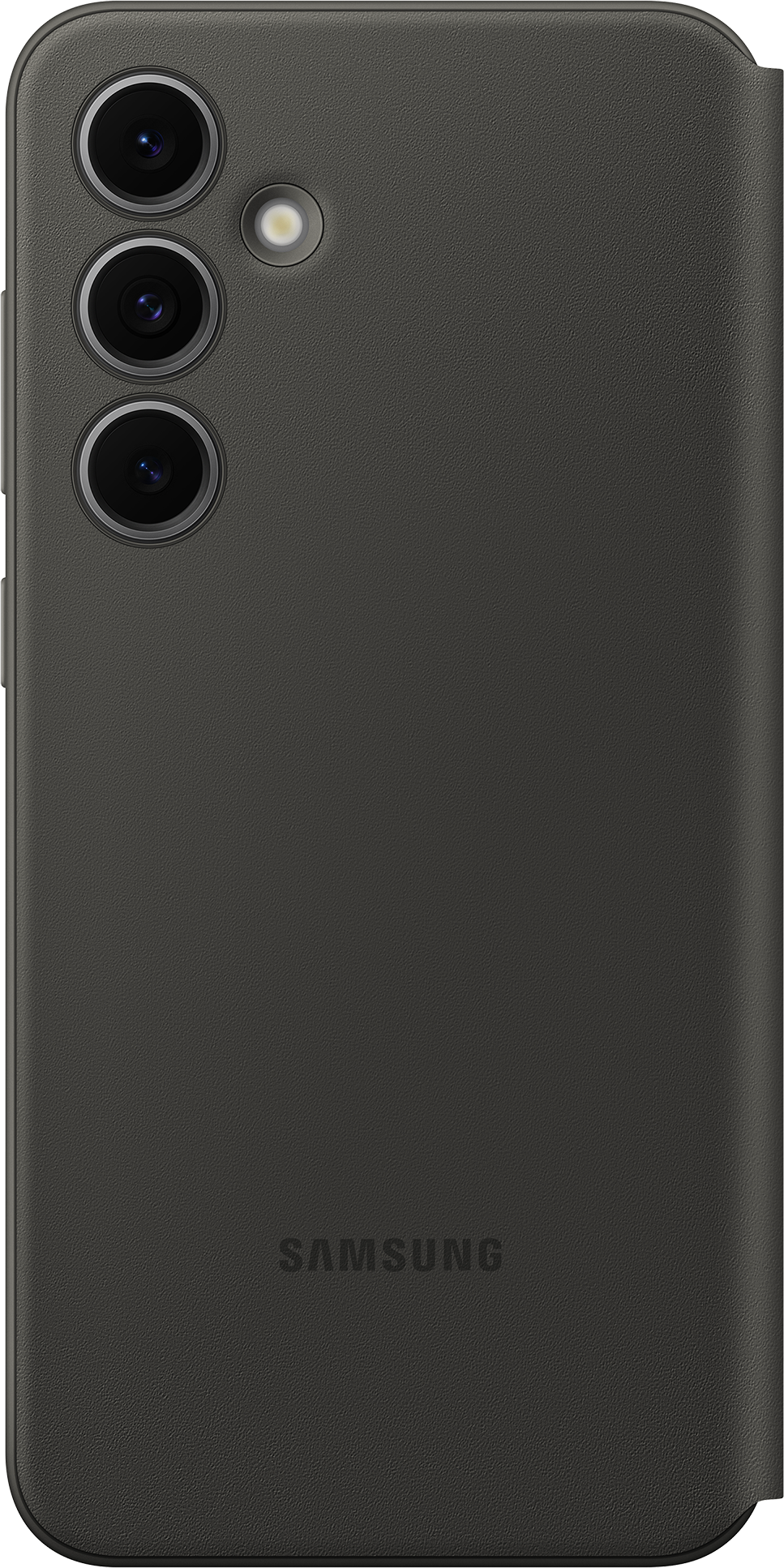 Eine dunkelgraue Handyhülle mit drei Kameralinsen und einem Samsung-Logo.