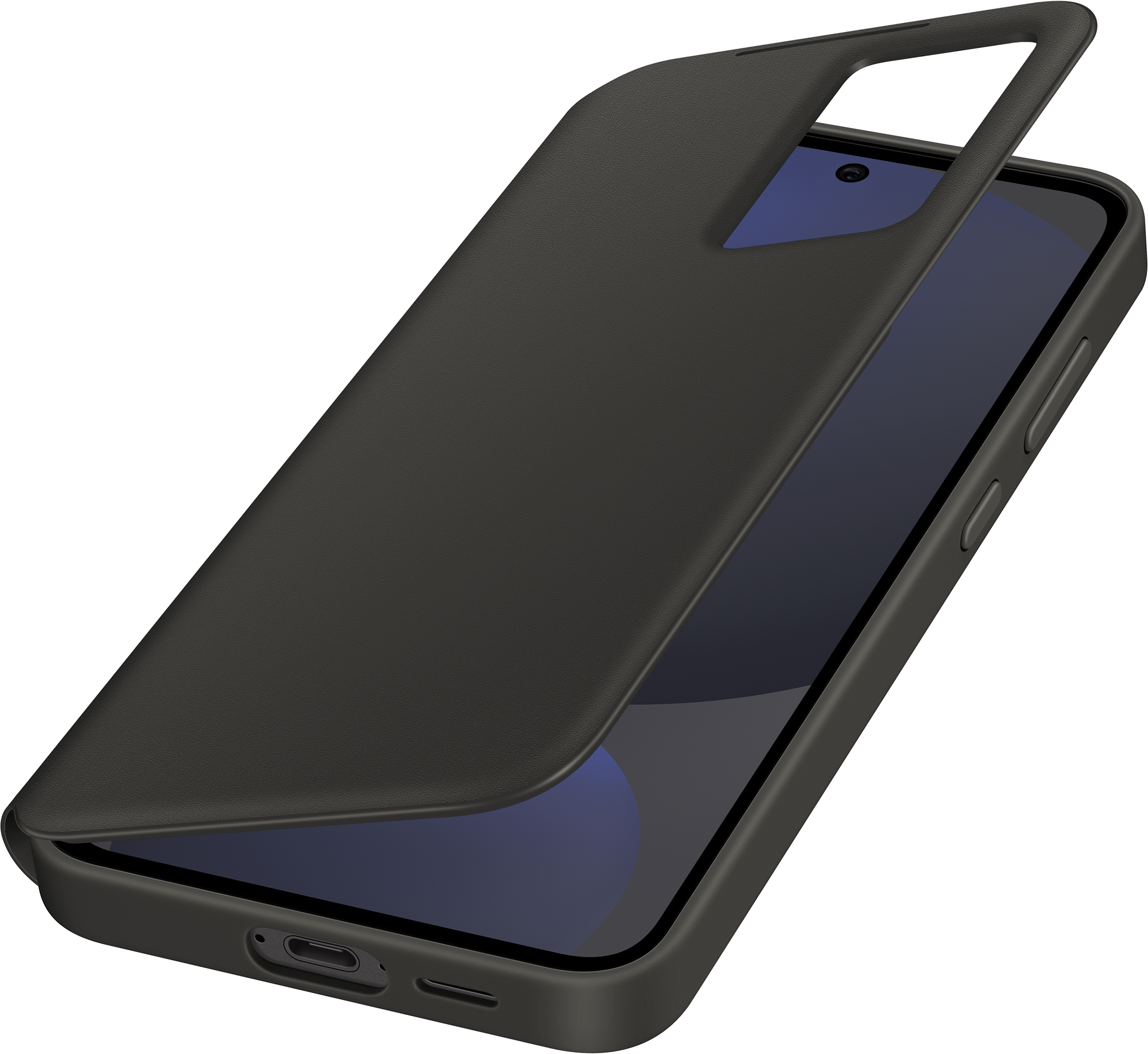 Telefon in Hülle, Hülle teilweise geöffnet, Bildschirm mit blauem Hintergrund.