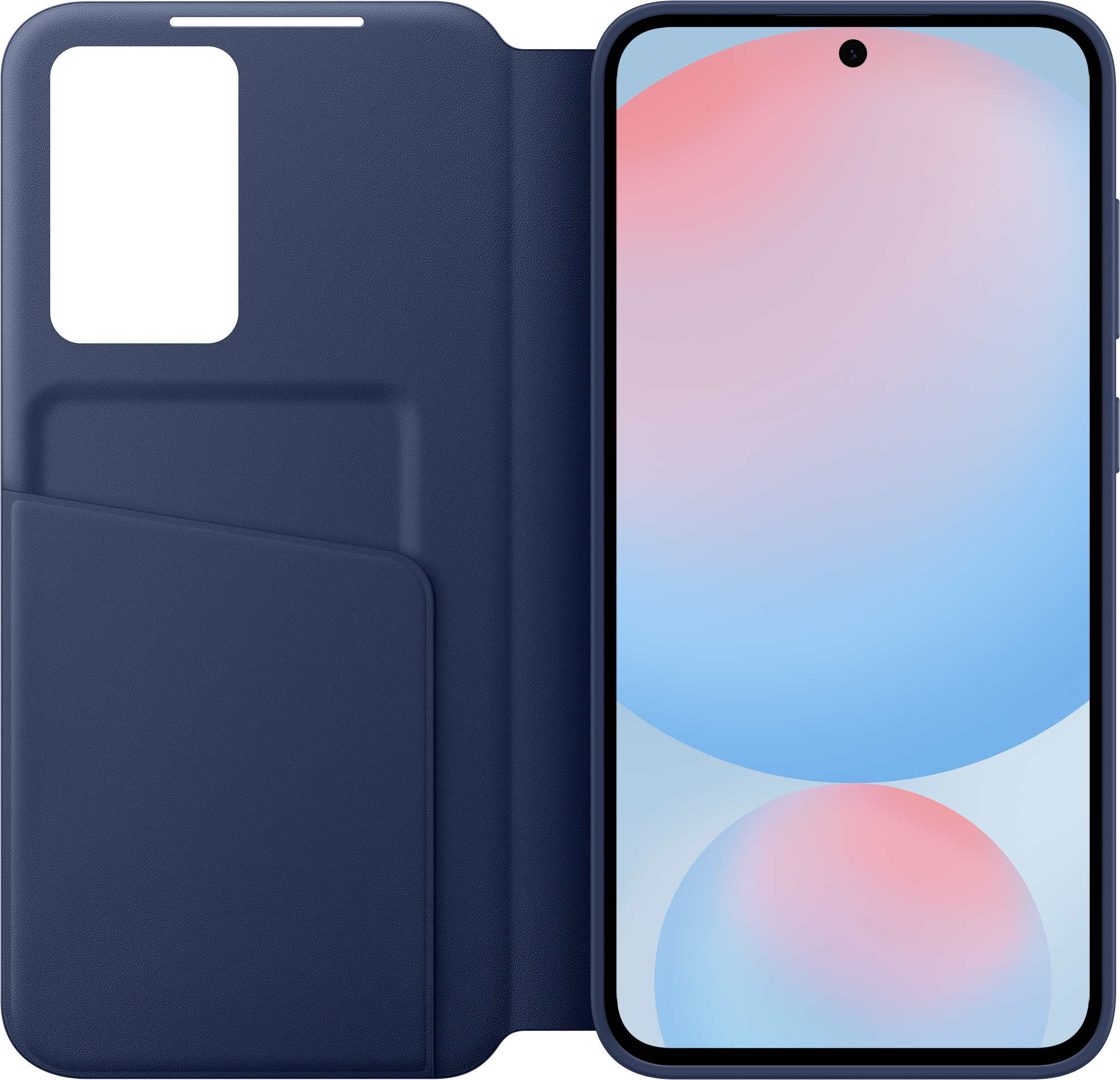 Dunkelblaue Handyhülle, offen, zeigt den Bildschirm mit blauem und rosa Hintergrund, auf Weiß.