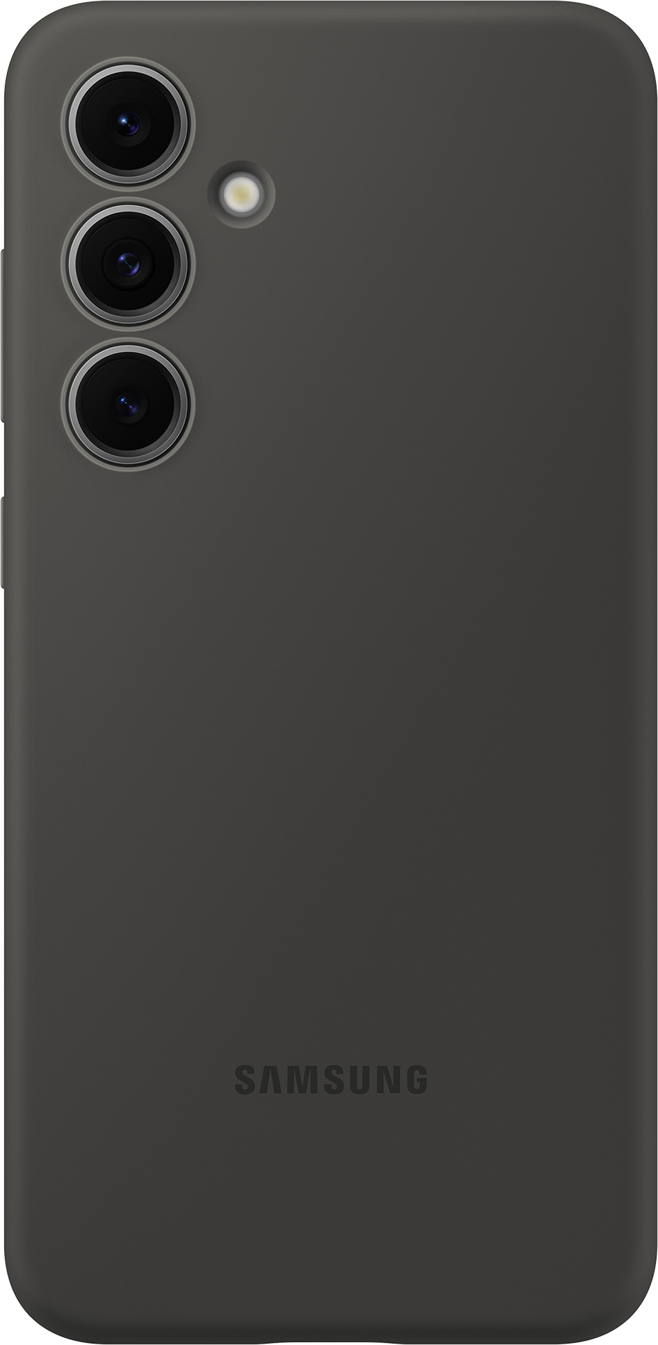 Dunkelgraue Samsung-Telefonrückseite mit Dreifachkameras und dem Samsung-Logo.