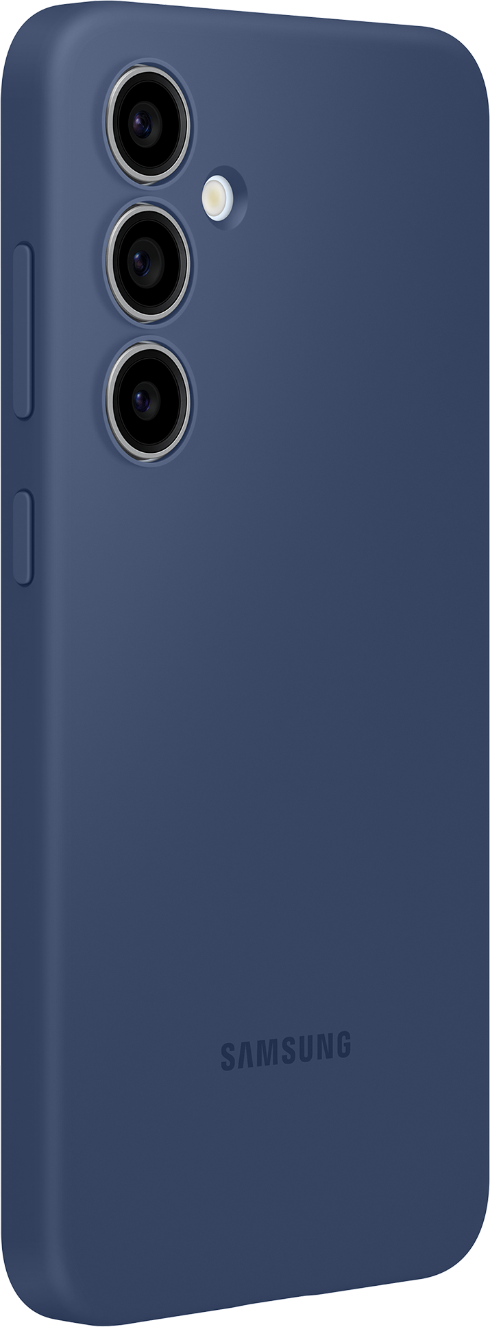 Marineblaues Telefon, Rückansicht, mit drei Kameras.