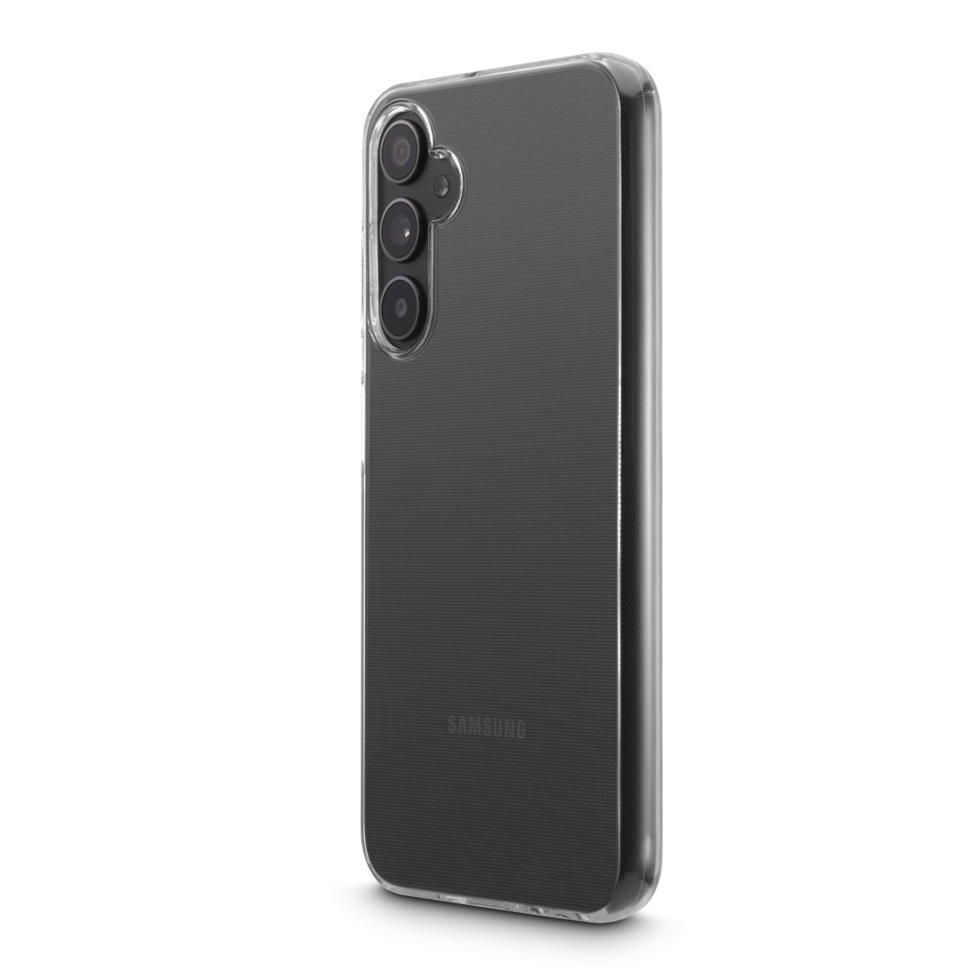 Transparente Samsung-Handyhülle. Die Rückseite des Telefons ist sichtbar.