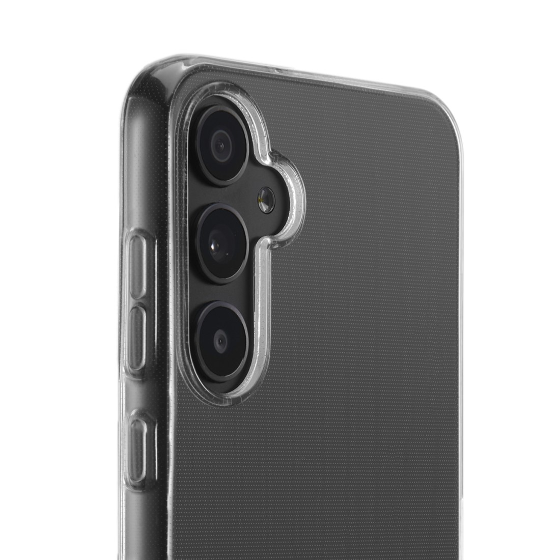 Nahaufnahme eines Telefonkamera-Moduls mit drei Linsen und einer transparenten Hülle.