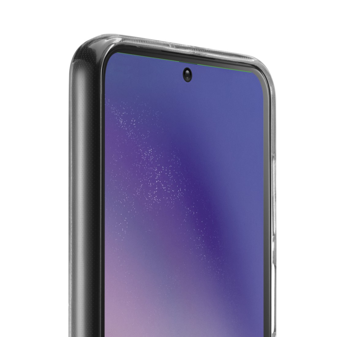 Nahaufnahme eines Smartphones, das die Kamera und den Bildschirm zeigt. Weißer Hintergrund.