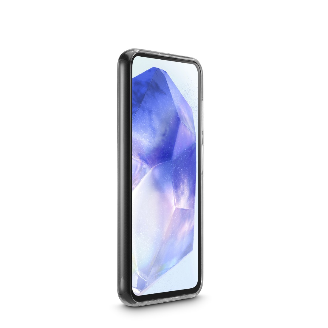 Ein Telefon in einer durchsichtigen Hülle. Der Bildschirm hat ein blaues und lila abstraktes Design.