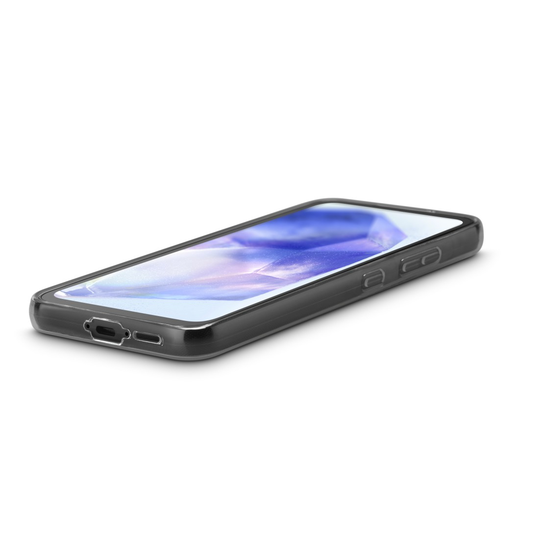 Smartphone in schwarzer Hülle, liegend, Unterseite zeigend.