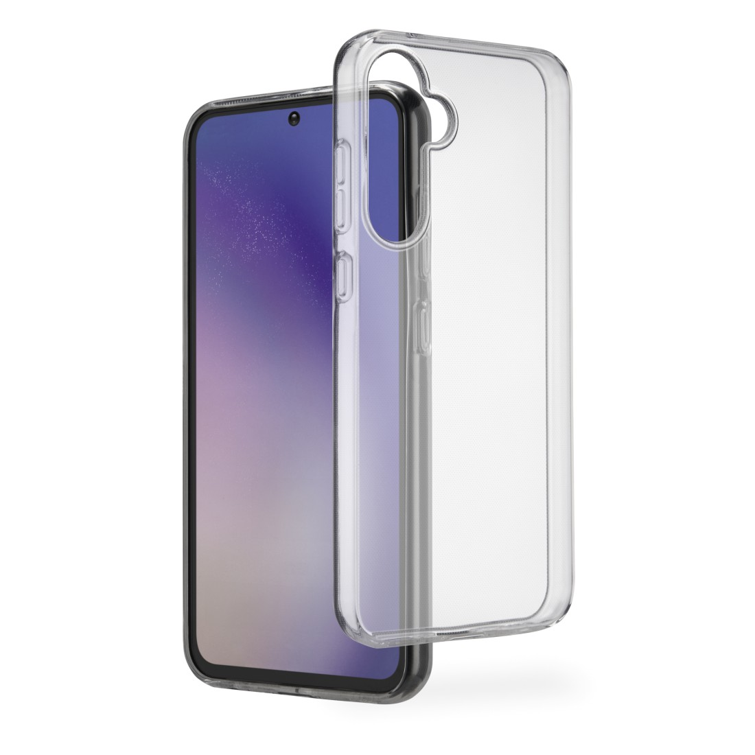 Transparente Handyhülle neben einem Telefon mit Bildschirm.