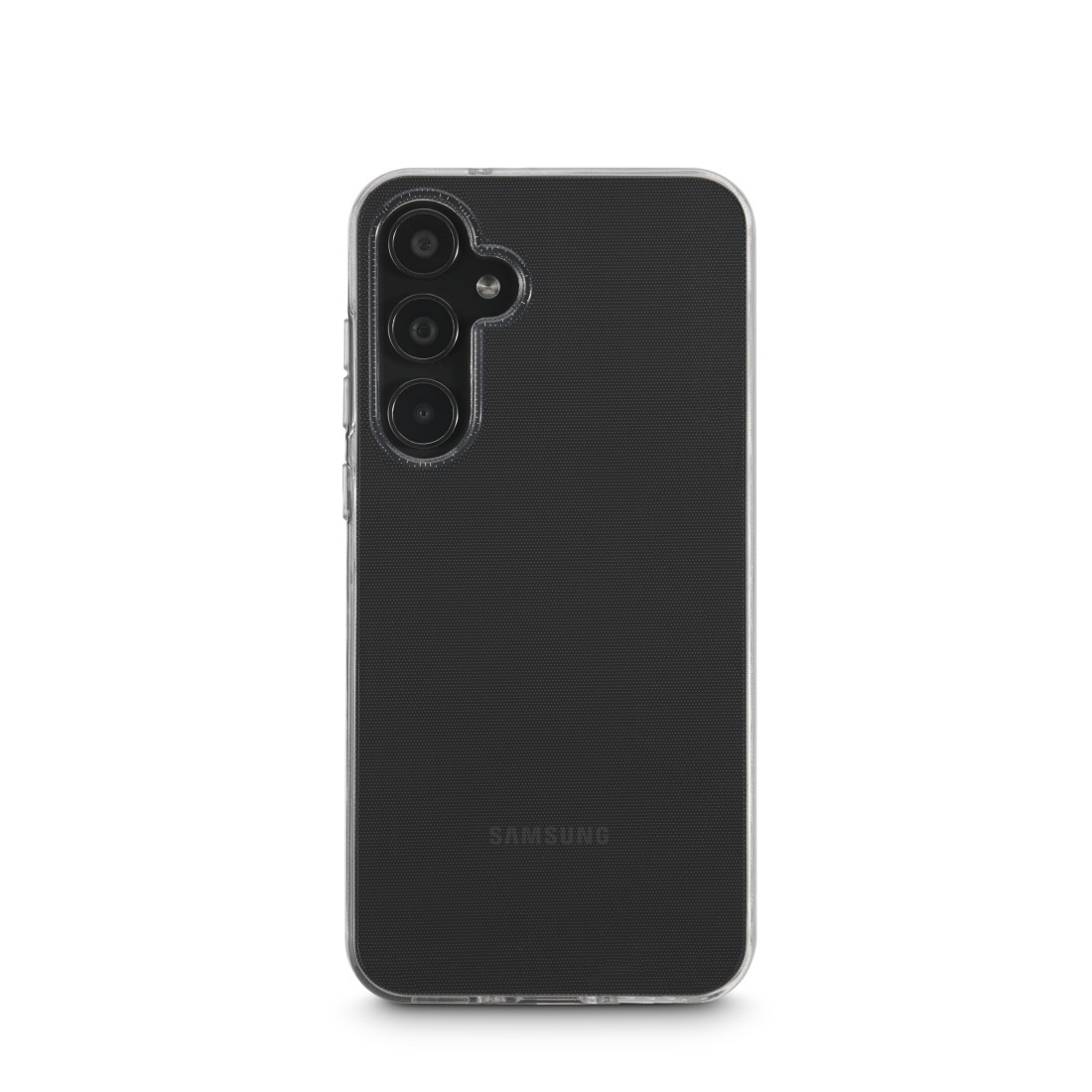 Transparente Handyhülle mit Telefon darin. Die Rückseite ist sichtbar mit drei Kameralinsen.