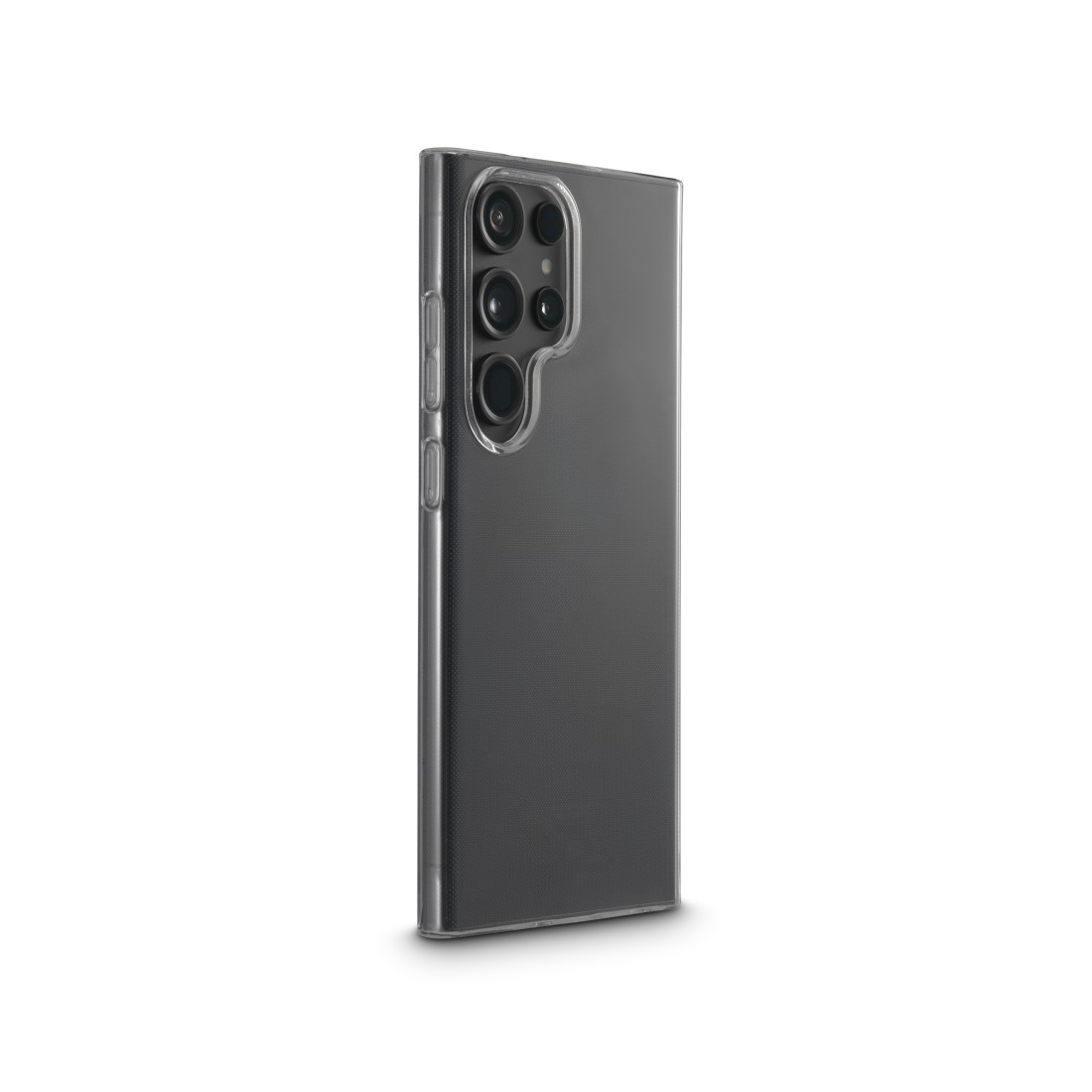 Telefonhülle mit durchsichtigem Rücken. Das Telefon ist schwarz. Eine transparente Hülle ist dran.