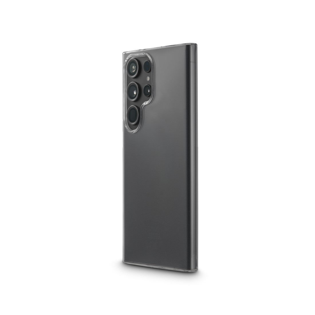 Ein dunkelgraues Smartphone in einer durchsichtigen Hülle, die die Rückkamera zeigt.