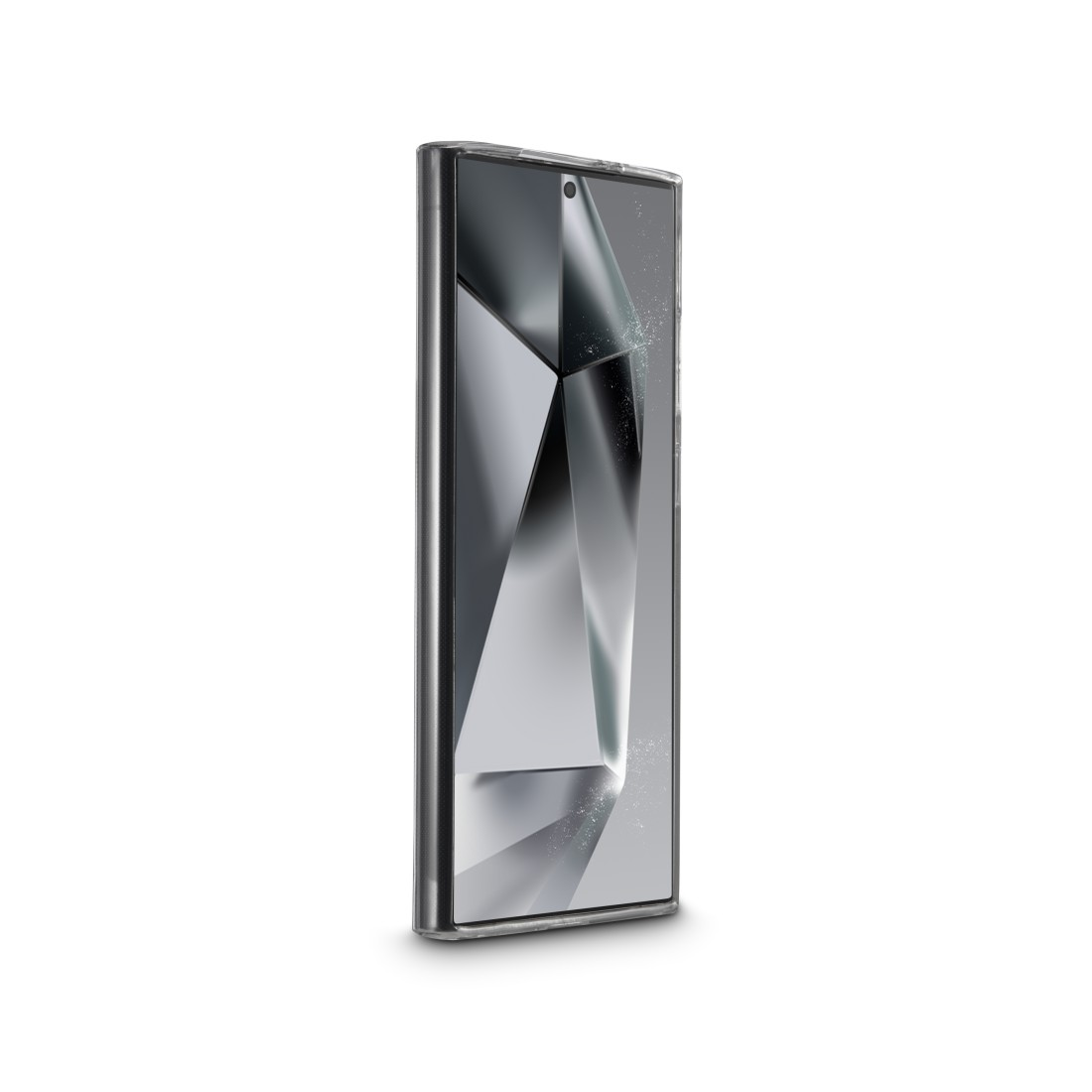 Ein Smartphone mit einem Bildschirm, der ein geometrisches Muster zeigt. Weißer Hintergrund.