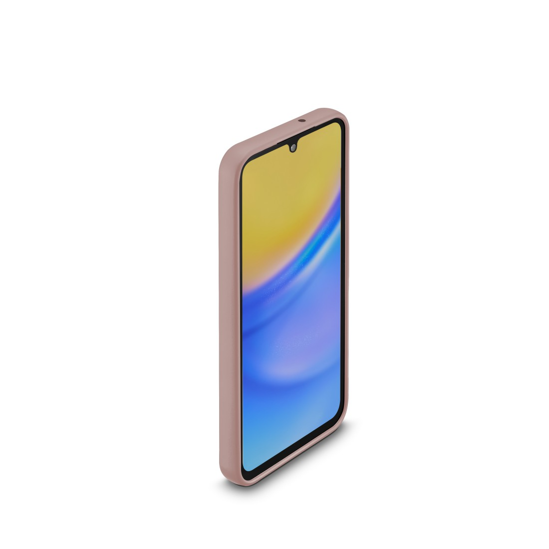 Eine rosa Handyhülle mit einem Telefon darin, das eine blau-gelbe Anzeige zeigt.