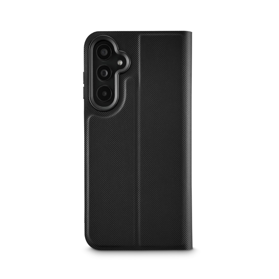 Eine schwarze Handyhülle mit strukturiertem Design und drei Kameralinsen.