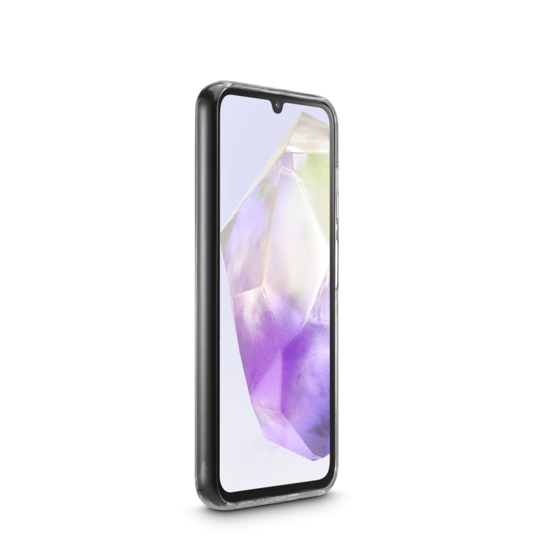 Telefon in einer transparenten Hülle, die einen bunten Hintergrund zeigt.