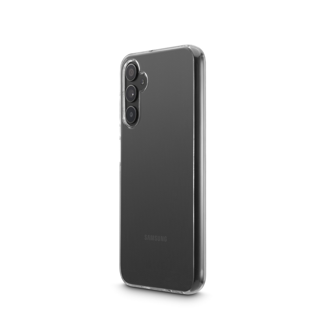 Ein schwarzes Telefon in einer transparenten Hülle. Die Rückseite hat ein strukturiertes Muster. Drei Kameras sichtbar.