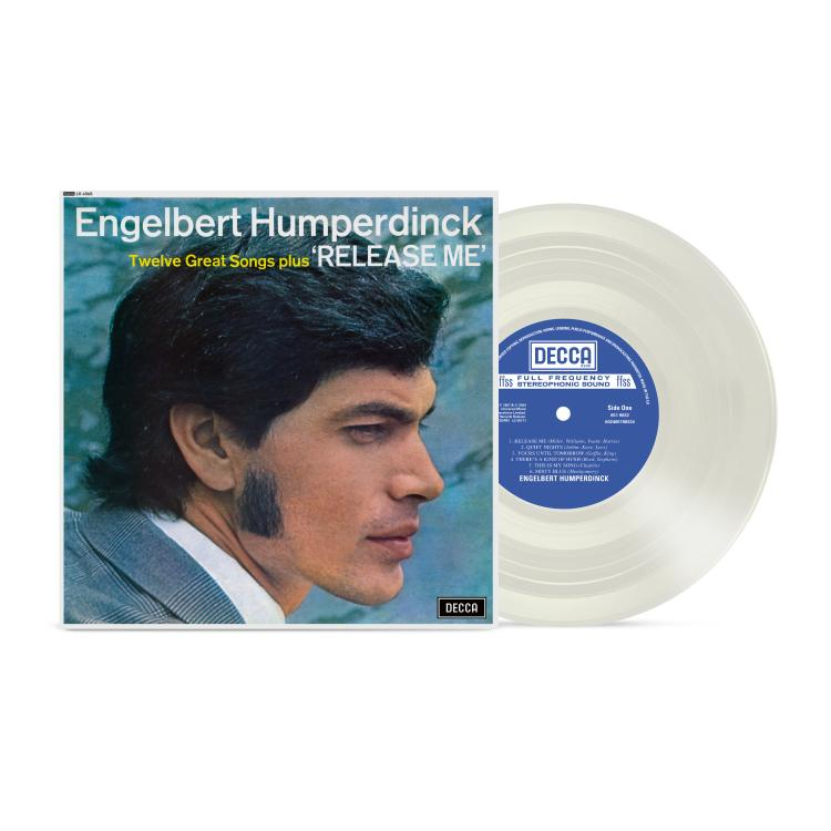 Engelbert Humperdinck 'Release Me' lemezprofilban lévő férfival és fehér vinyllel.
