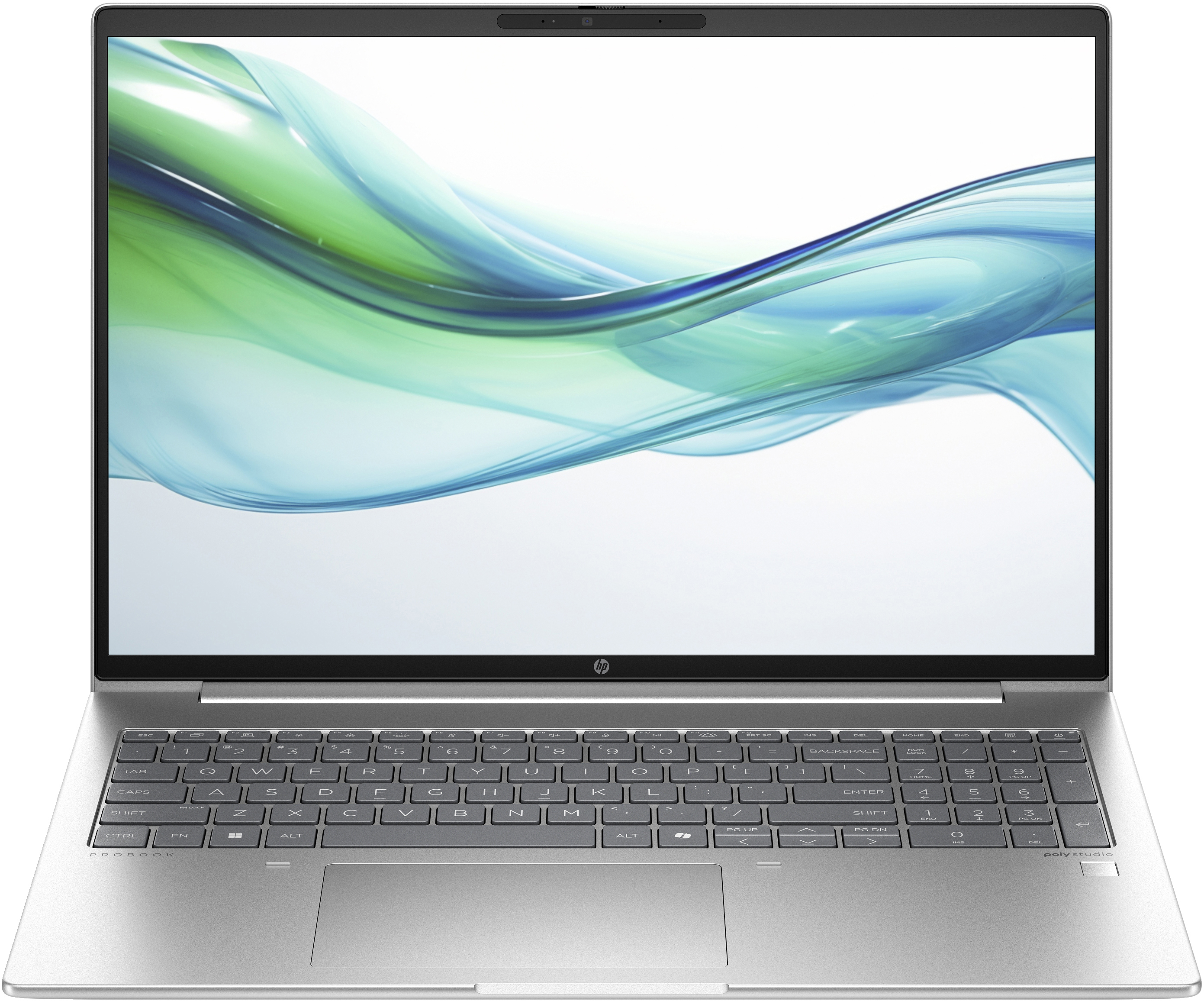 Silberner Laptop mit Bildschirm, der grüne und blaue Wellenlinien zeigt, Tastatur darunter sichtbar.