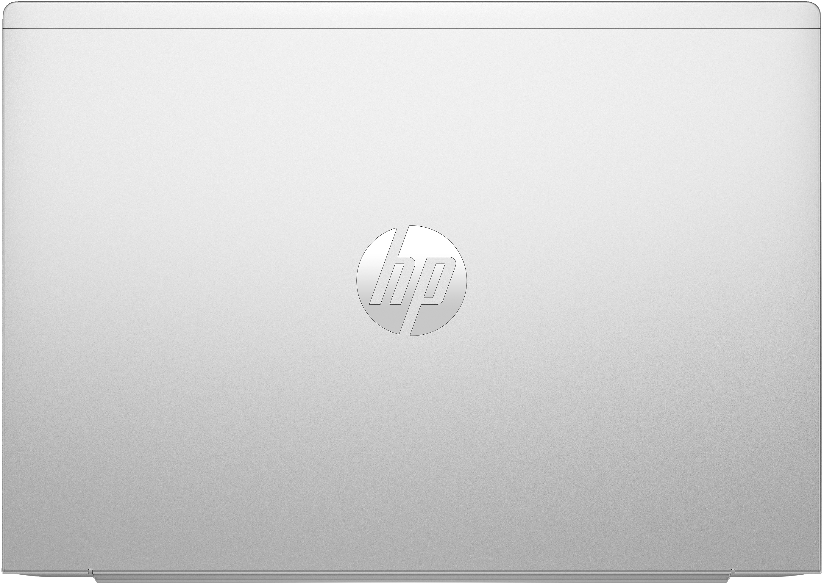 Draufsicht auf einen silbernen Laptop mit HP-Logo in der Mitte.