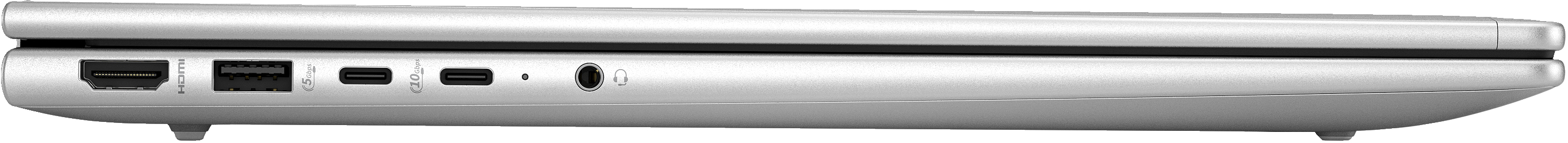 Seitenansicht eines Laptops mit Anschlüssen: HDMI, USB, USB-C und Klinkenanschluss.