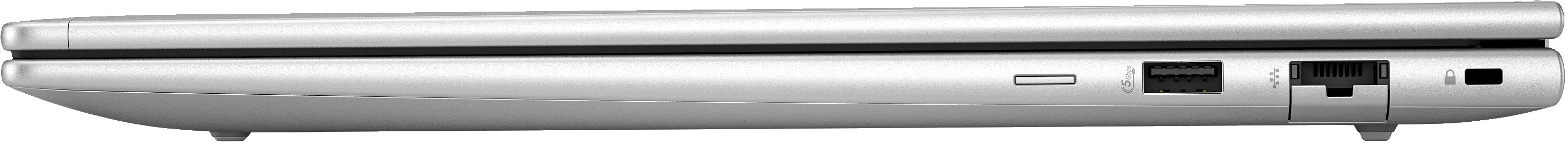 Seitenansicht eines silbernen Laptops mit sichtbaren Anschlüssen. Enthält USB, LAN und andere Ports.