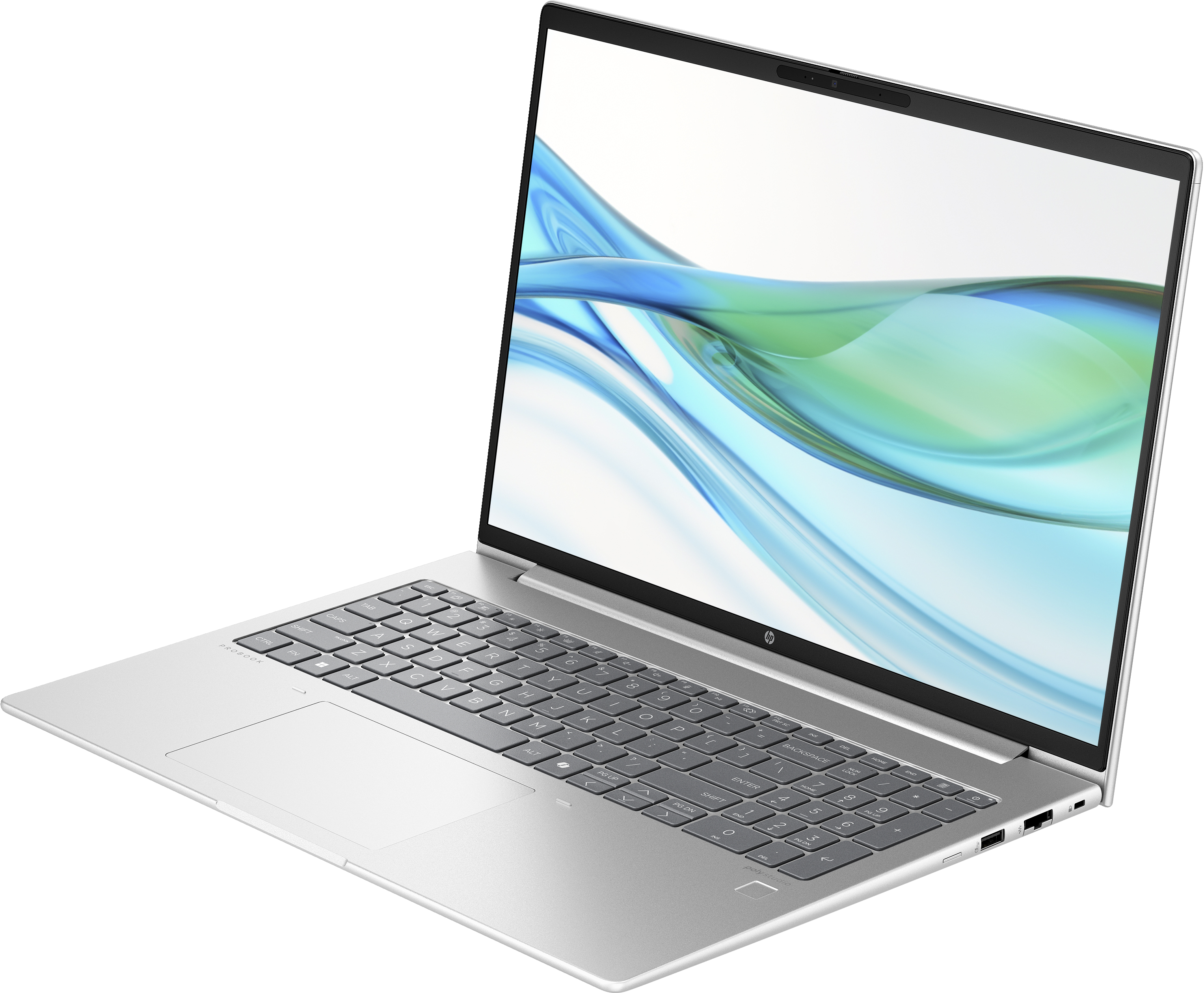 Silberner Laptop mit Tastatur, geöffneter Bildschirm zeigt Design, weißer Hintergrund.