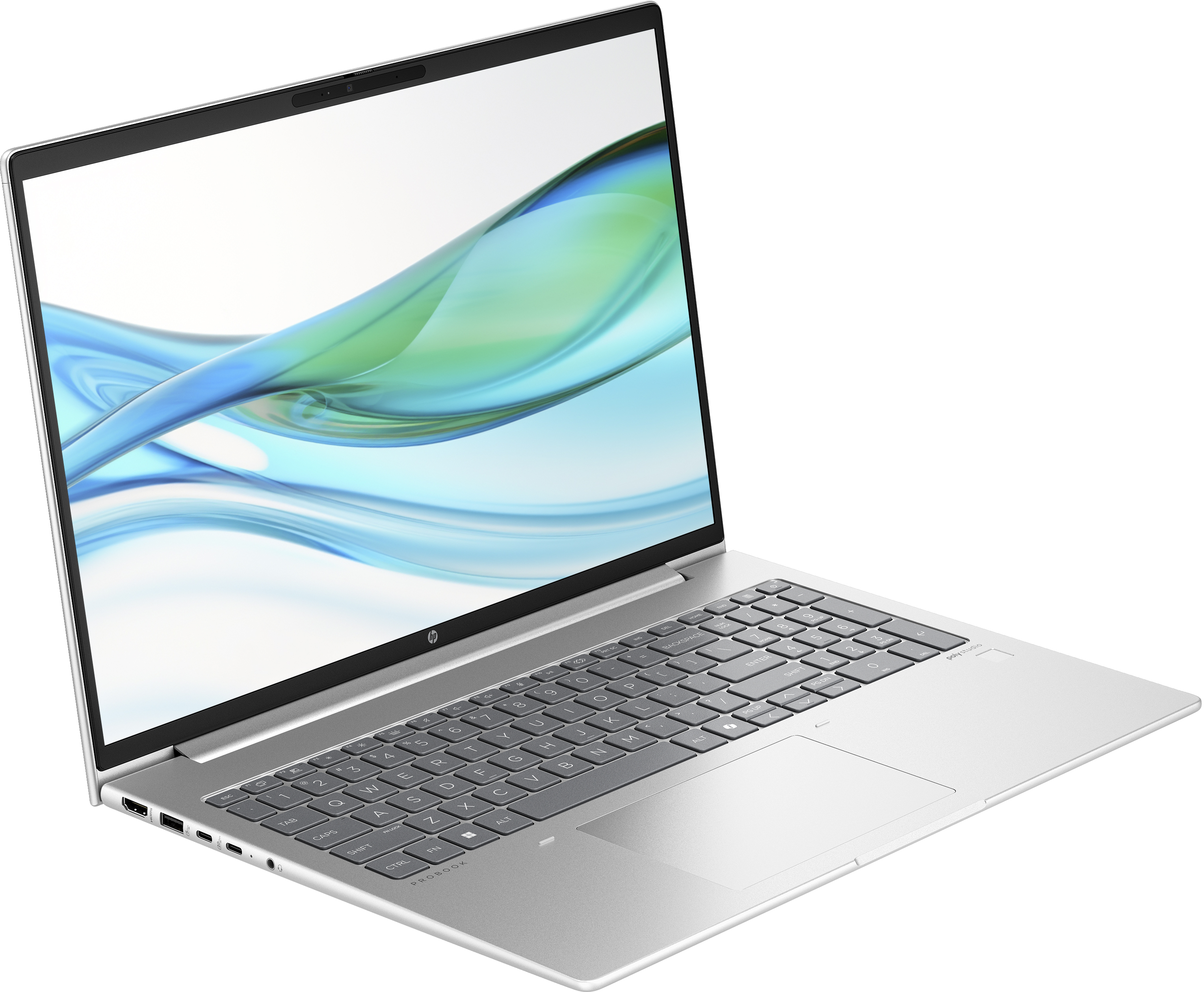 Ein silberner Laptop mit einem Display, das ein blaues und grünes abstraktes Bild zeigt.