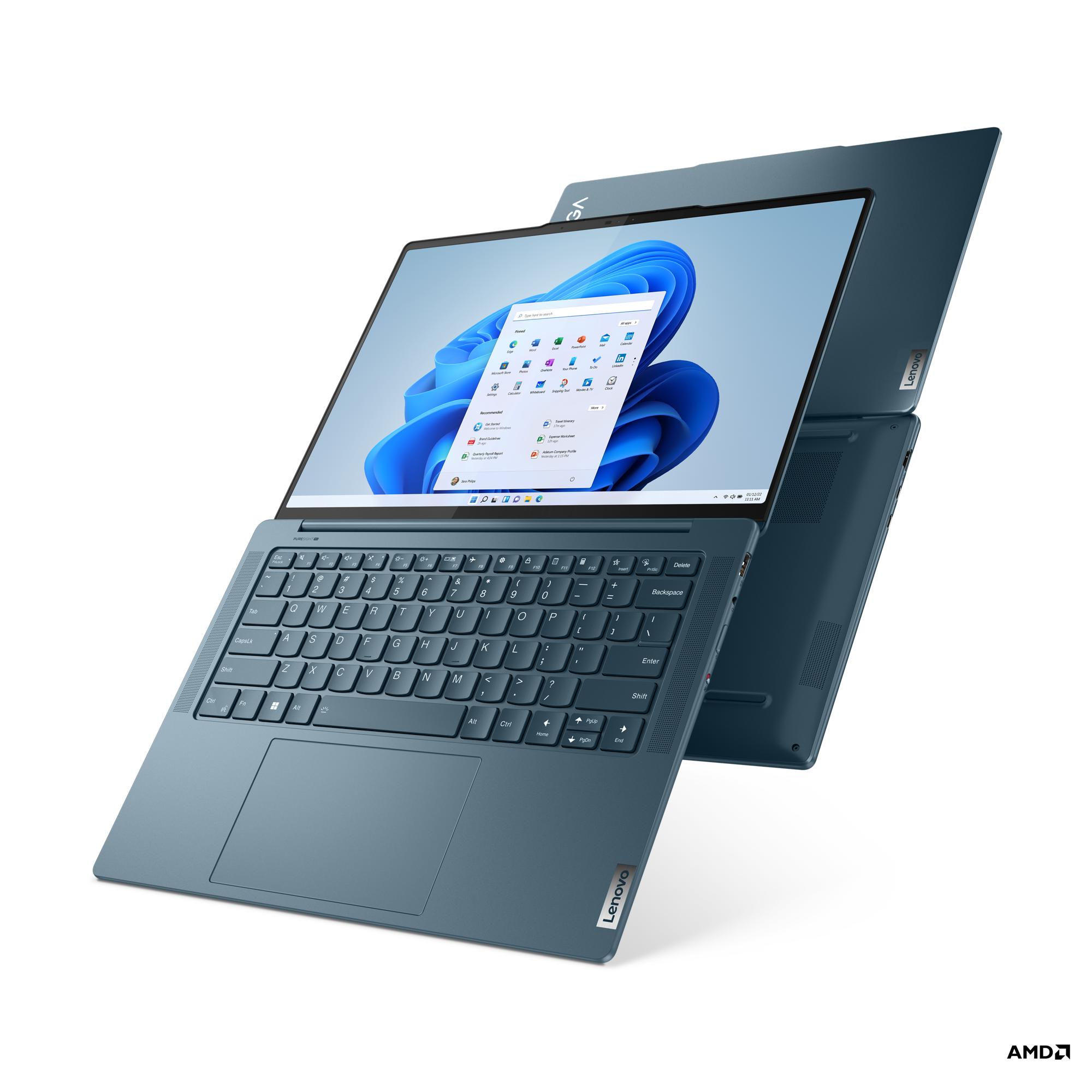 Açık Windows arayüzlü mavi dizüstü bilgisayar. Arka planda başka bir dizüstü bilgisayar bulanık.