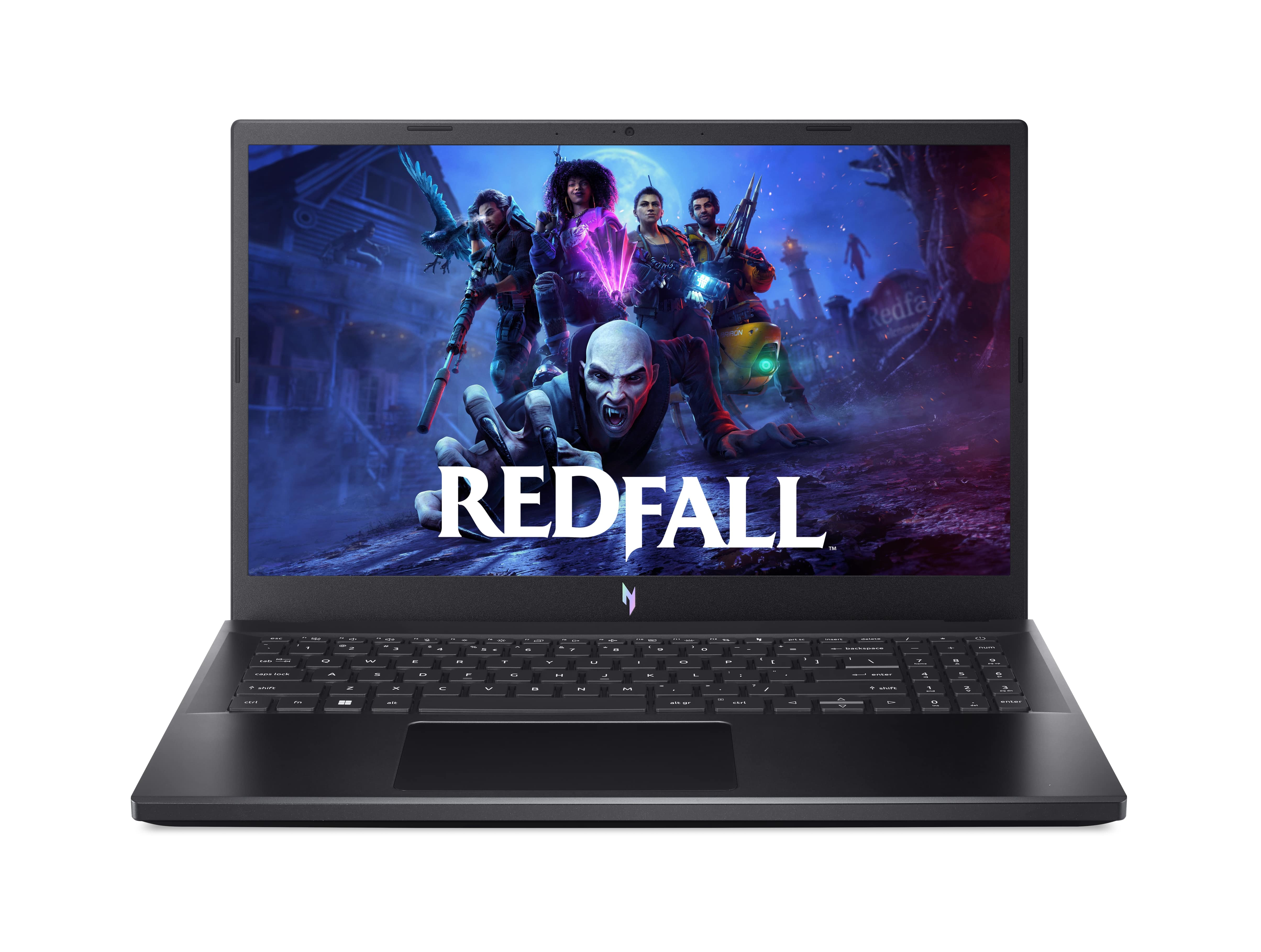 "Redfall" oyununun görüntülendiği siyah bir dizüstü bilgisayar. Bir vampir ekranın ortasında.