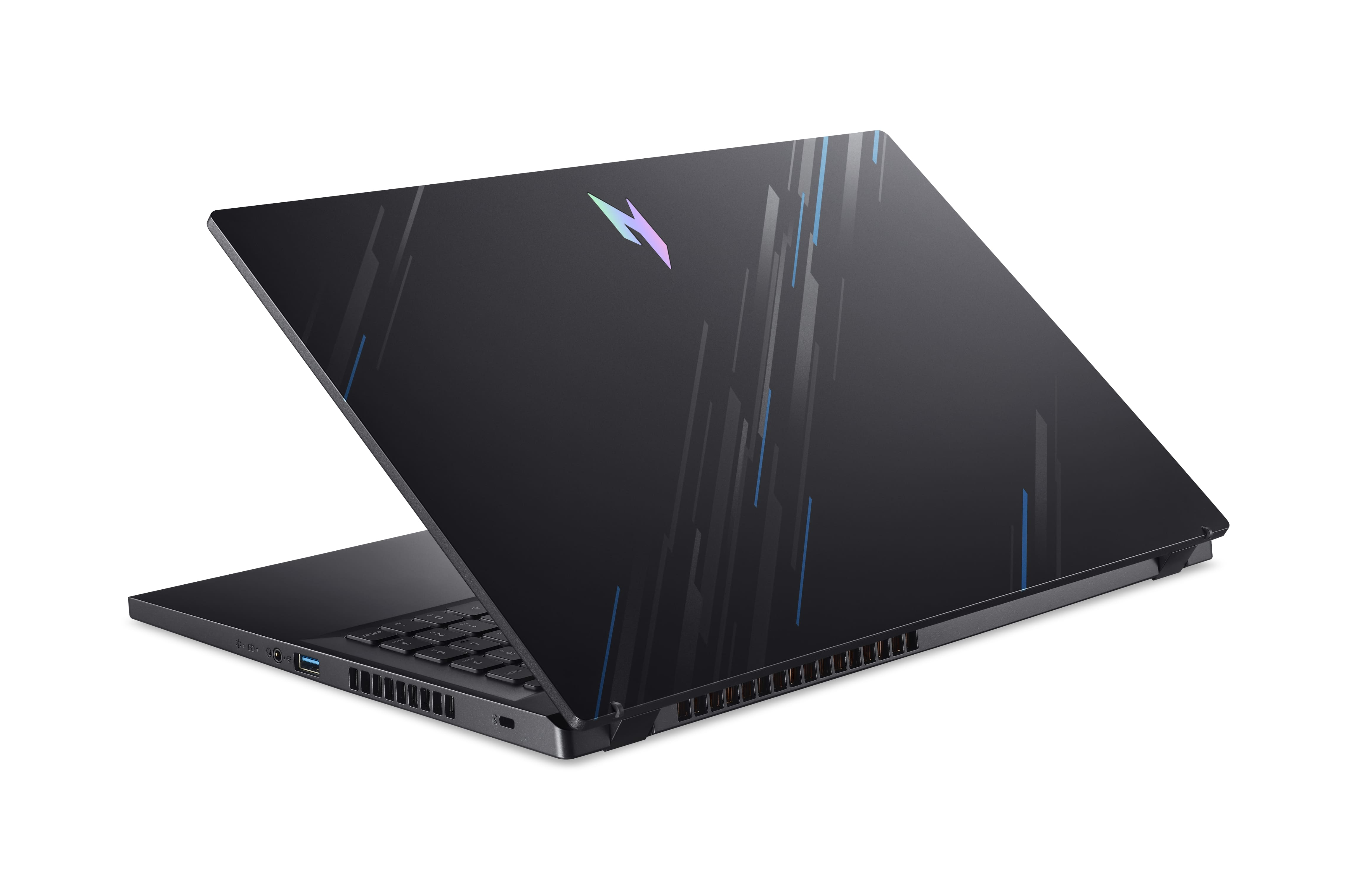 Beyaz zemin üzerinde siyah laptop, açık, klavyeyi gösteriyor, arkada logo var.