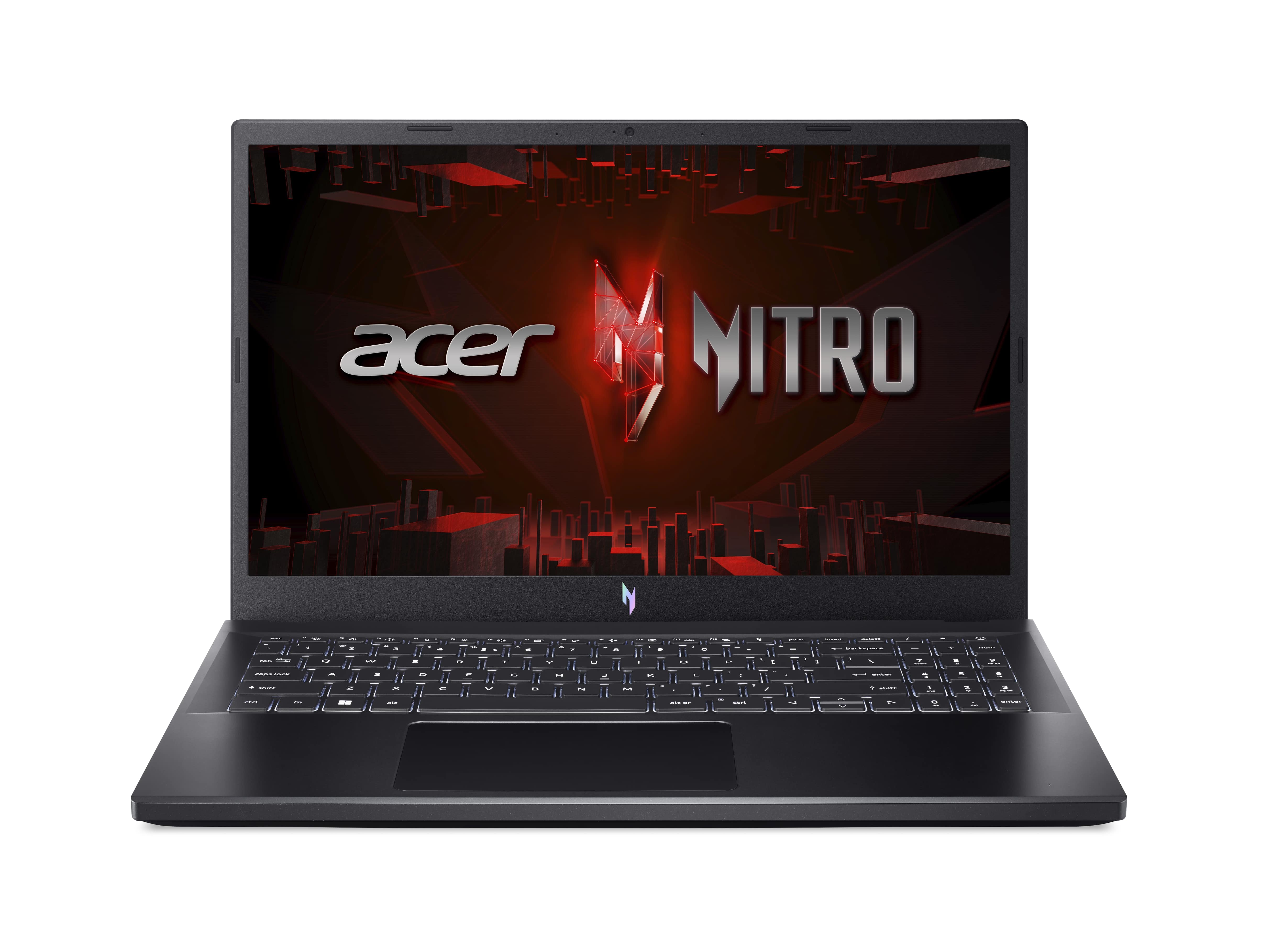 Kırmızı ve siyah ekranlı Acer Nitro dizüstü bilgisayar. Acer ve Nitro markaları görünür durumda.