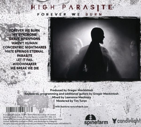 Albumcover mit einer Silhouette einer Figur und Songtiteln. Der Titel 'High Parasite' steht oben.