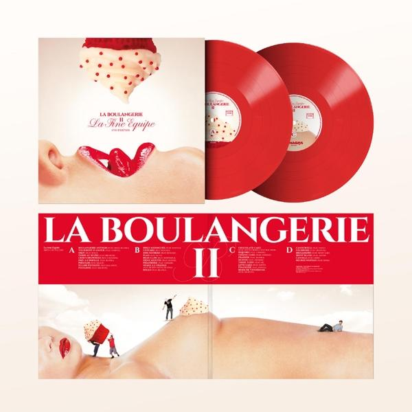 Albumcover und Vinylplatten für 'La Boulangerie II' mit rotem und weißem Design.