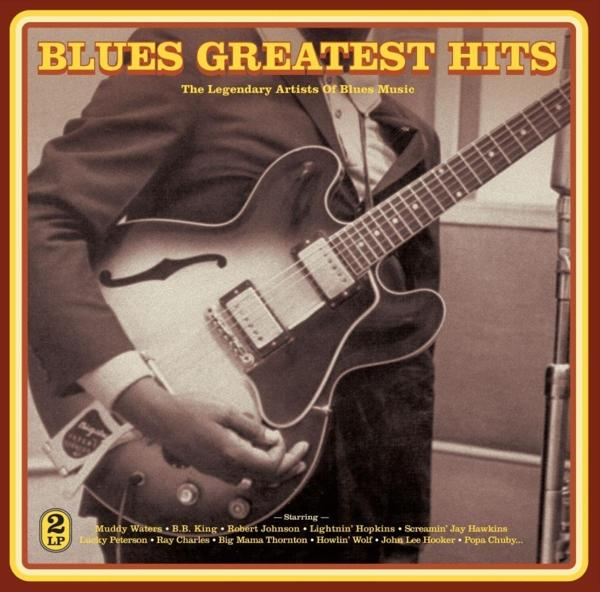 Albumcover von Blues Greatest Hits. Ein Mann spielt Gitarre. Gelber und brauner Rand.