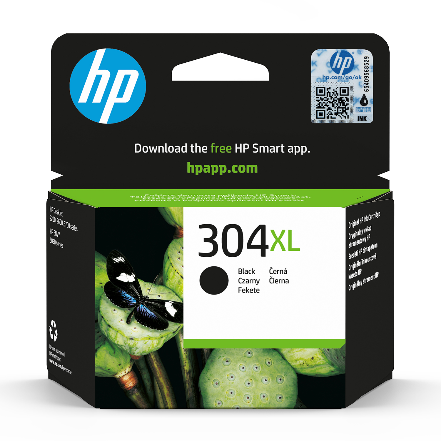 Scatola cartuccia inchiostro HP 304XL con inchiostro nero, baccelli di loto con farfalla e logo HP.